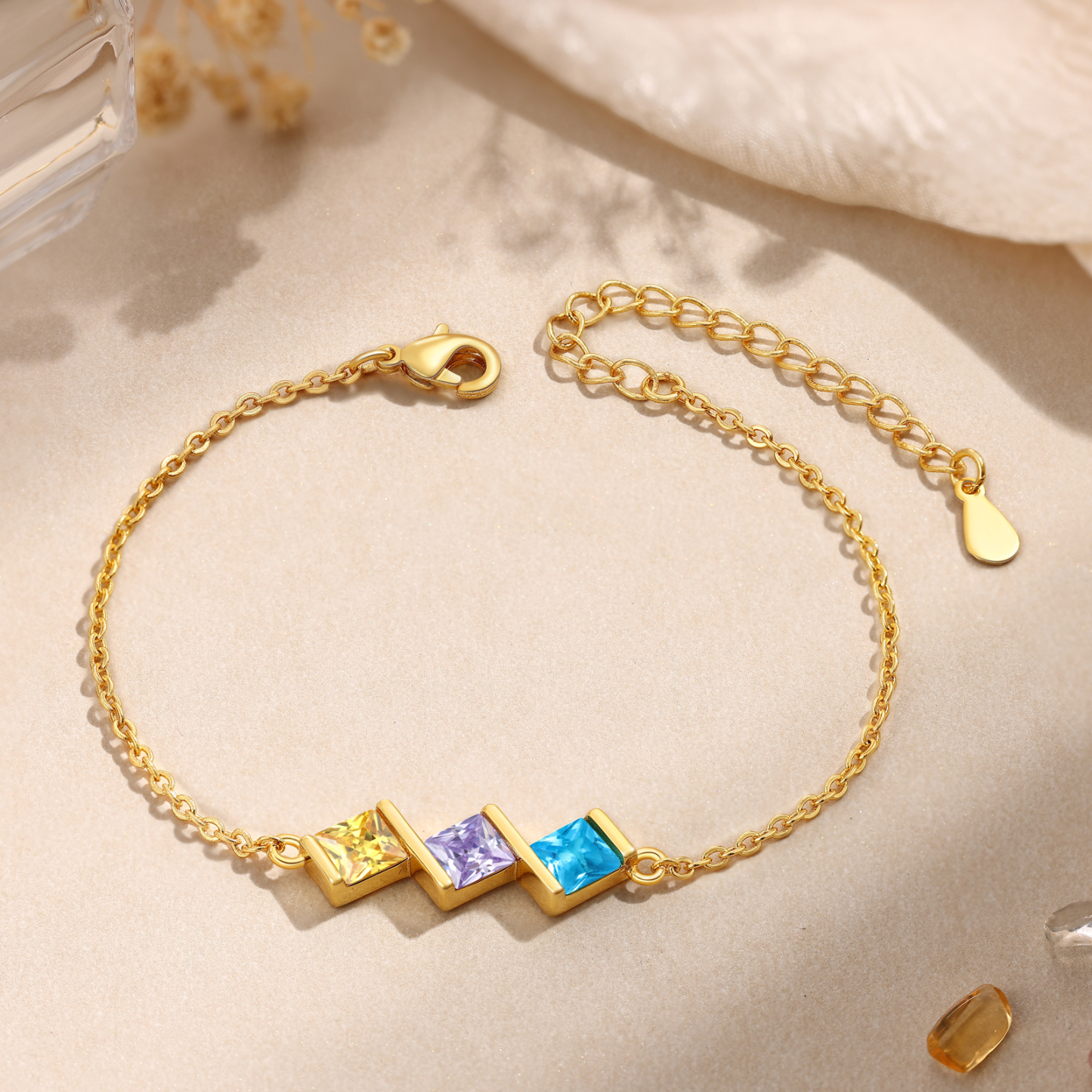 3 Birthstones Personalized Women's Birthstone Bracelet, Square Pendant Design Gift for Her | Lorajewel