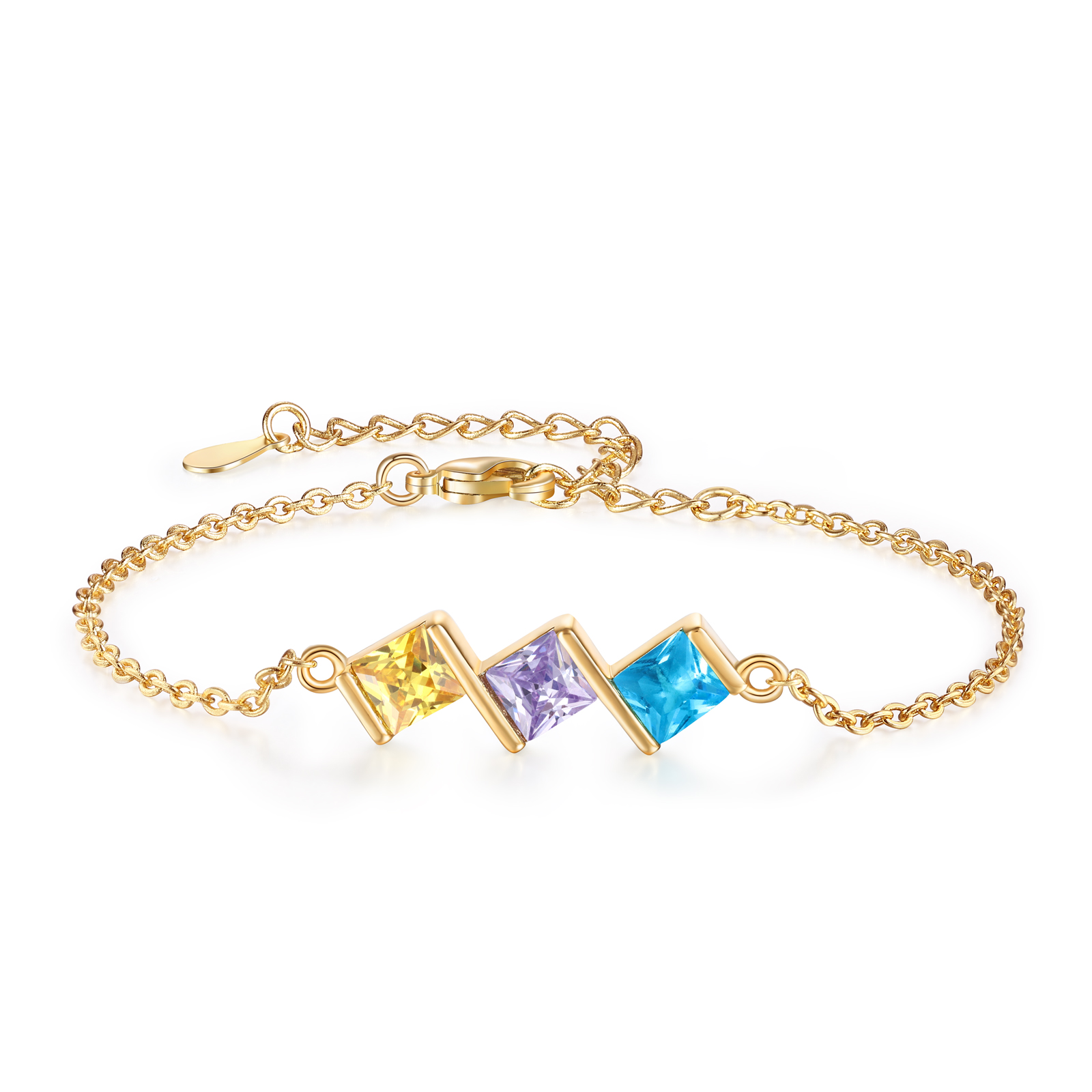 3 Birthstones Personalized Women's Birthstone Bracelet, Square Pendant Design Gift for Her | Lorajewel