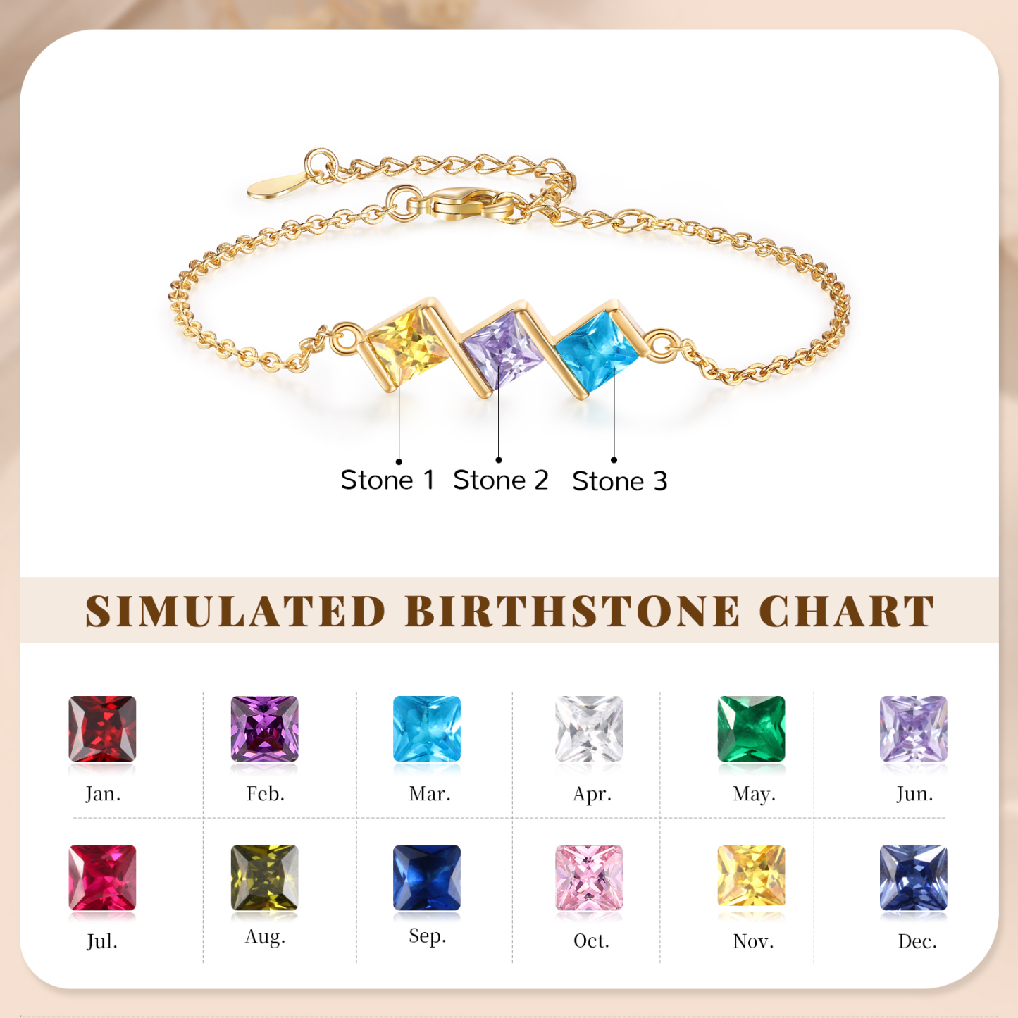 3 Birthstones Personalized Women's Birthstone Bracelet, Square Pendant Design Gift for Her | Lorajewel