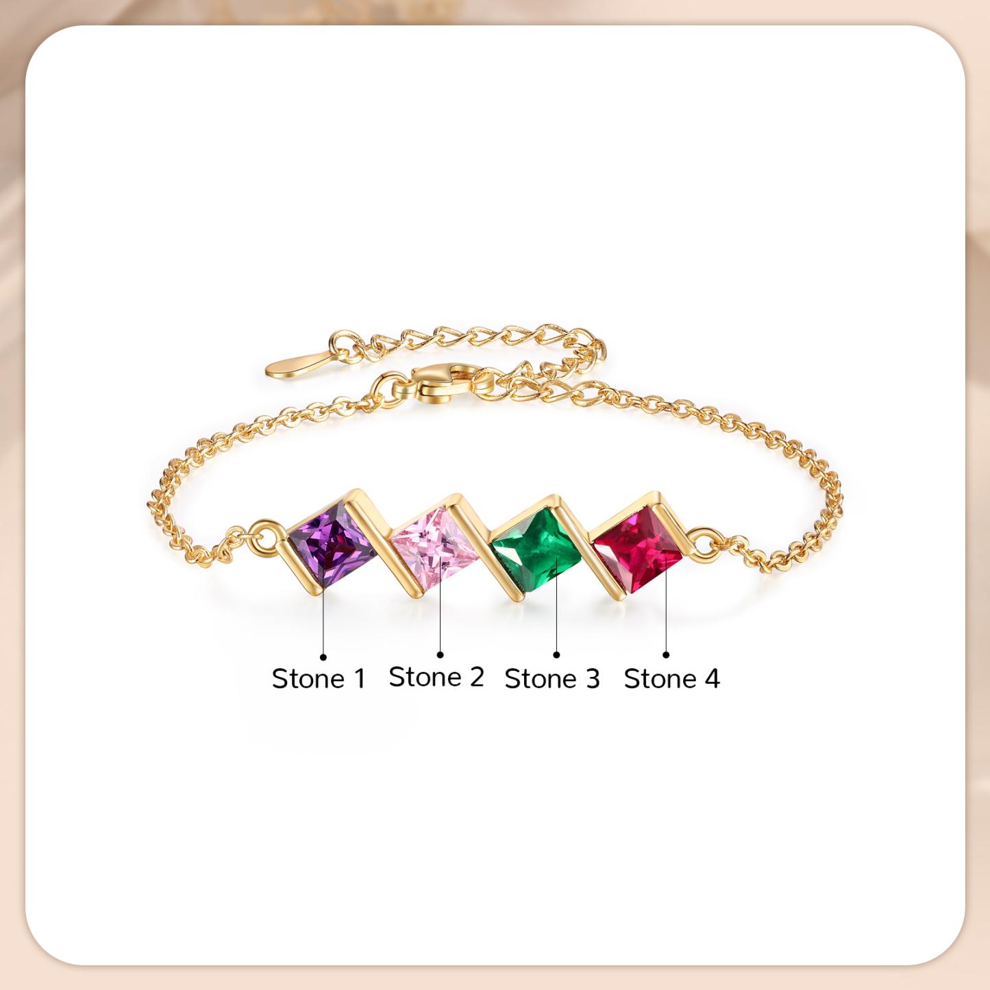 4 Birthstones Personalized Women's Birthstone Bracelet, Square Pendant Design Gift for Her | Lorajewel