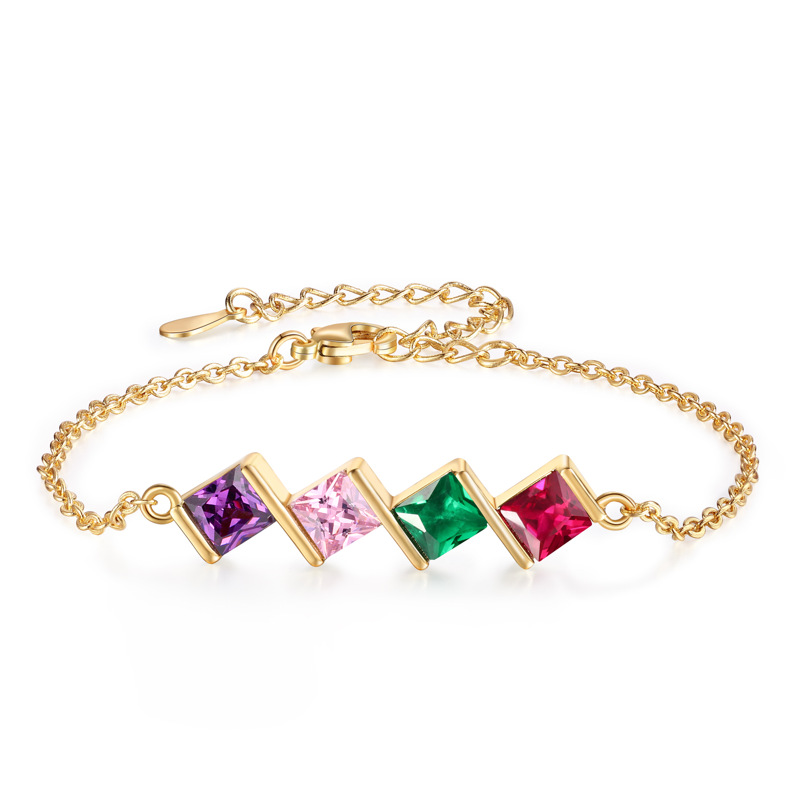 4 Birthstones Personalized Women's Birthstone Bracelet, Square Pendant Design Gift for Her | Lorajewel