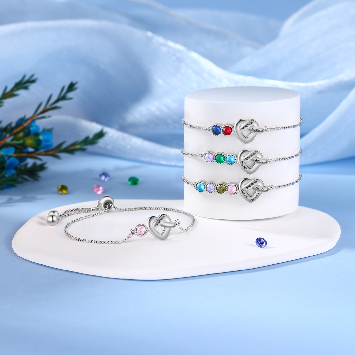 Personalized Birthstone Bracelet – Heart Knot Design, Custom 1 Name & 1 Birthstone Gift for Mother’s Day | Lorajewel