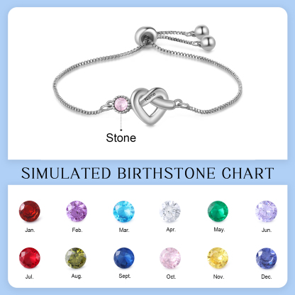 Personalized Birthstone Bracelet – Heart Knot Design, Custom 1 Name & 1 Birthstone Gift for Mother’s Day | Lorajewel