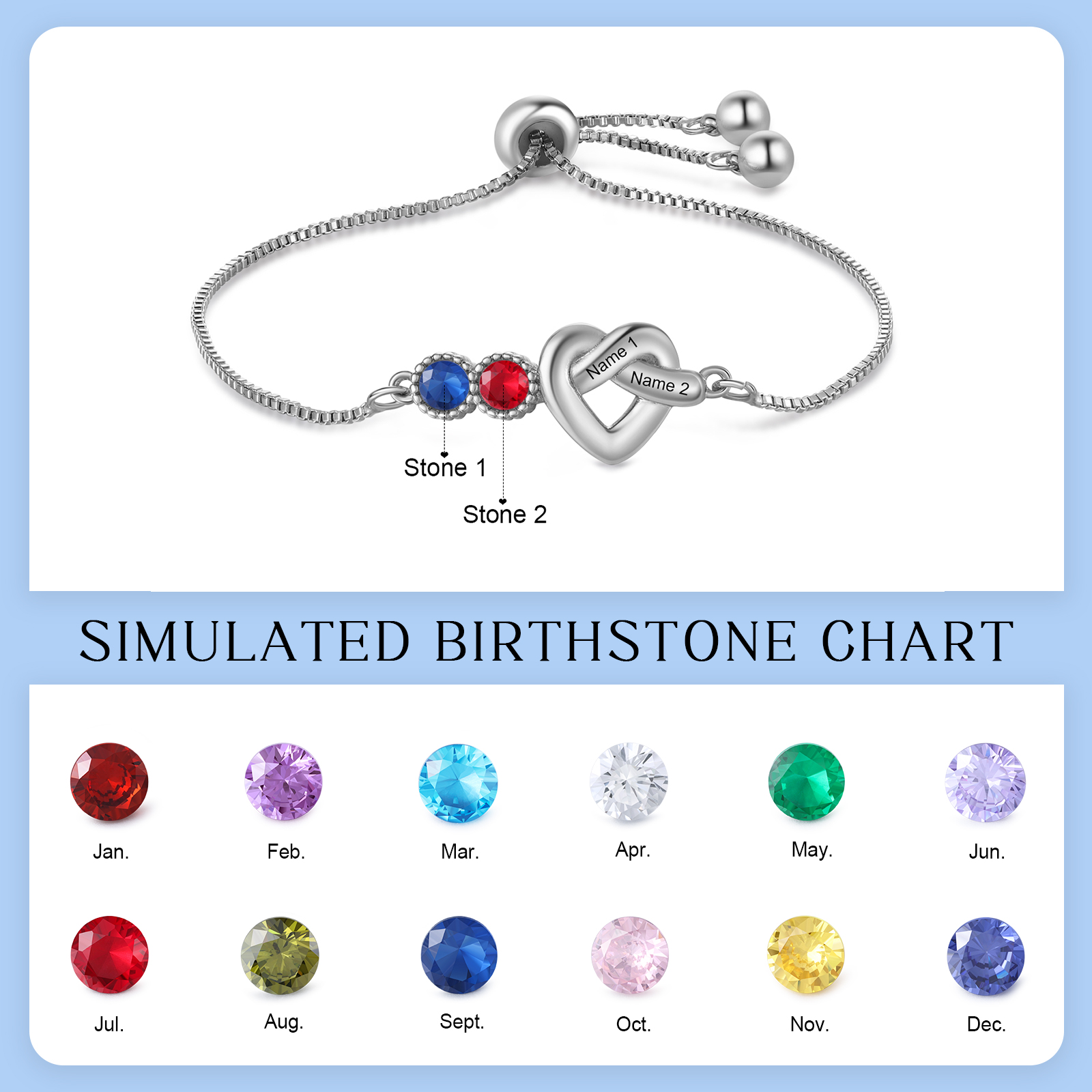 Personalized Birthstone Bracelet – Heart Knot Design, Custom 2 Names & 2 Birthstones Gift for Mother’s Day | Lorajewel