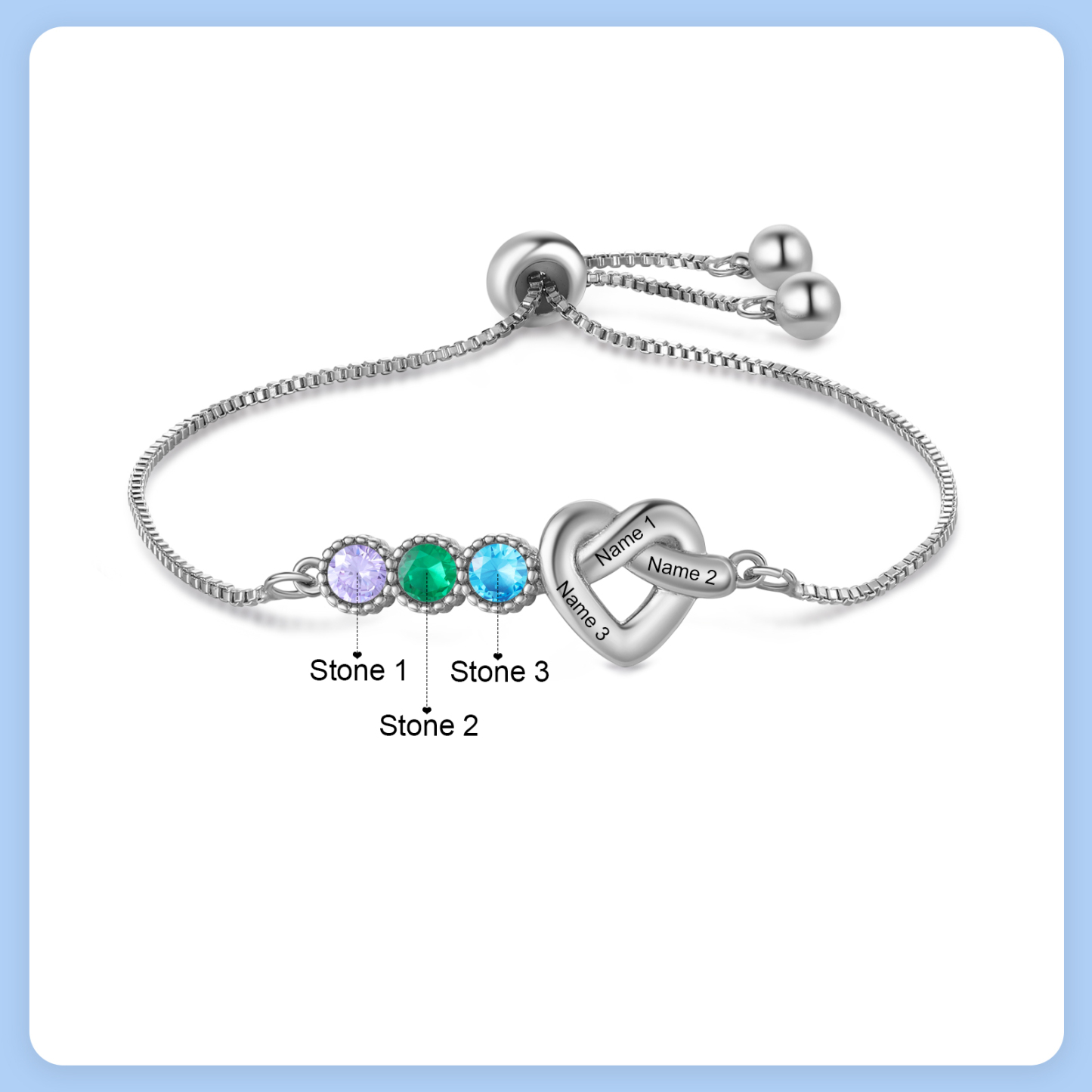 Personalized Birthstone Bracelet – Heart Knot Design, Custom 3 Names & 3 Birthstones Gift for Mother’s Day | Lorajewel