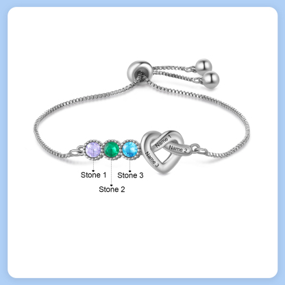 Personalized Birthstone Bracelet – Heart Knot Design, Custom 3 Names & 3 Birthstones Gift for Mother’s Day | Lorajewel