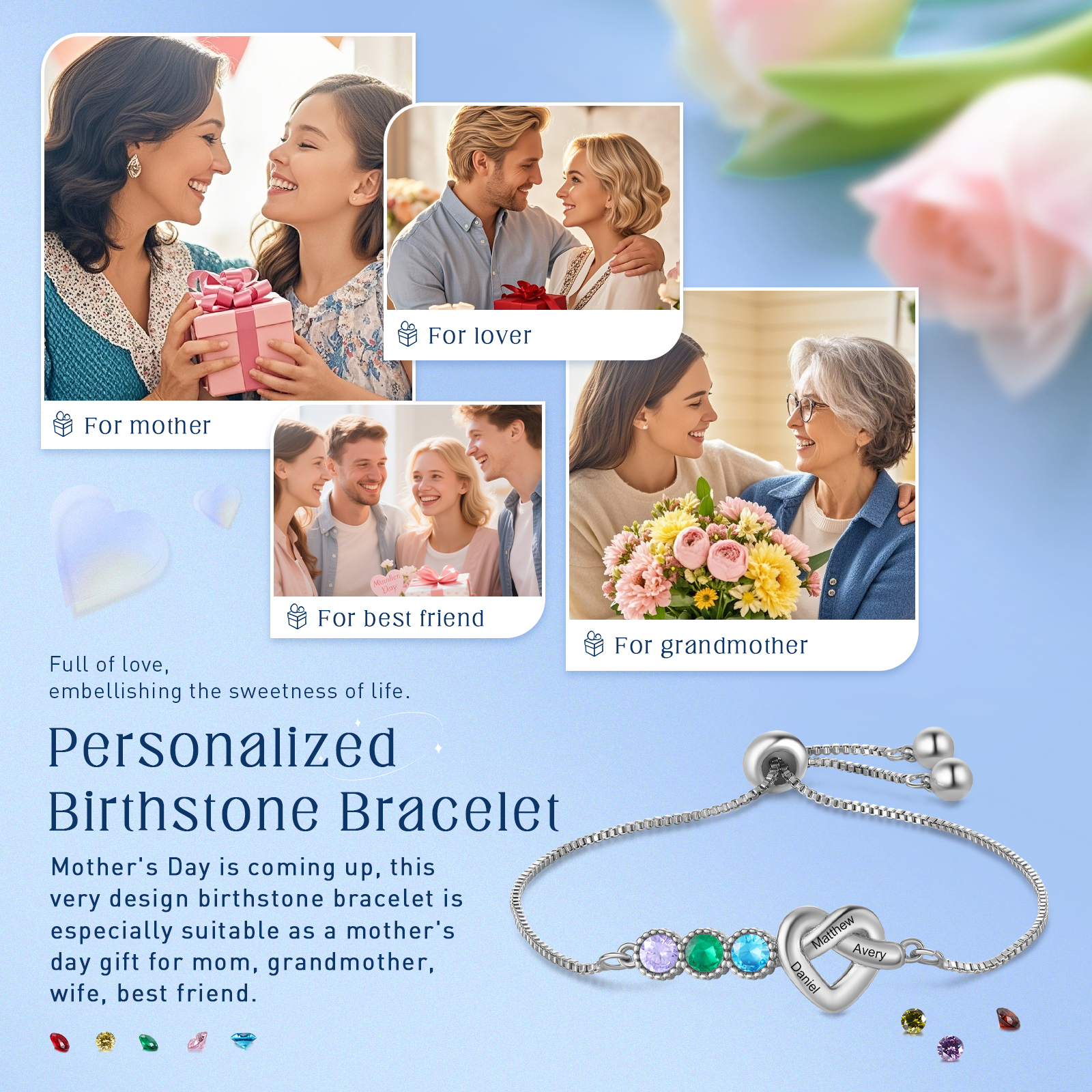 Personalized Birthstone Bracelet – Heart Knot Design, Custom 3 Names & 3 Birthstones Gift for Mother’s Day | Lorajewel