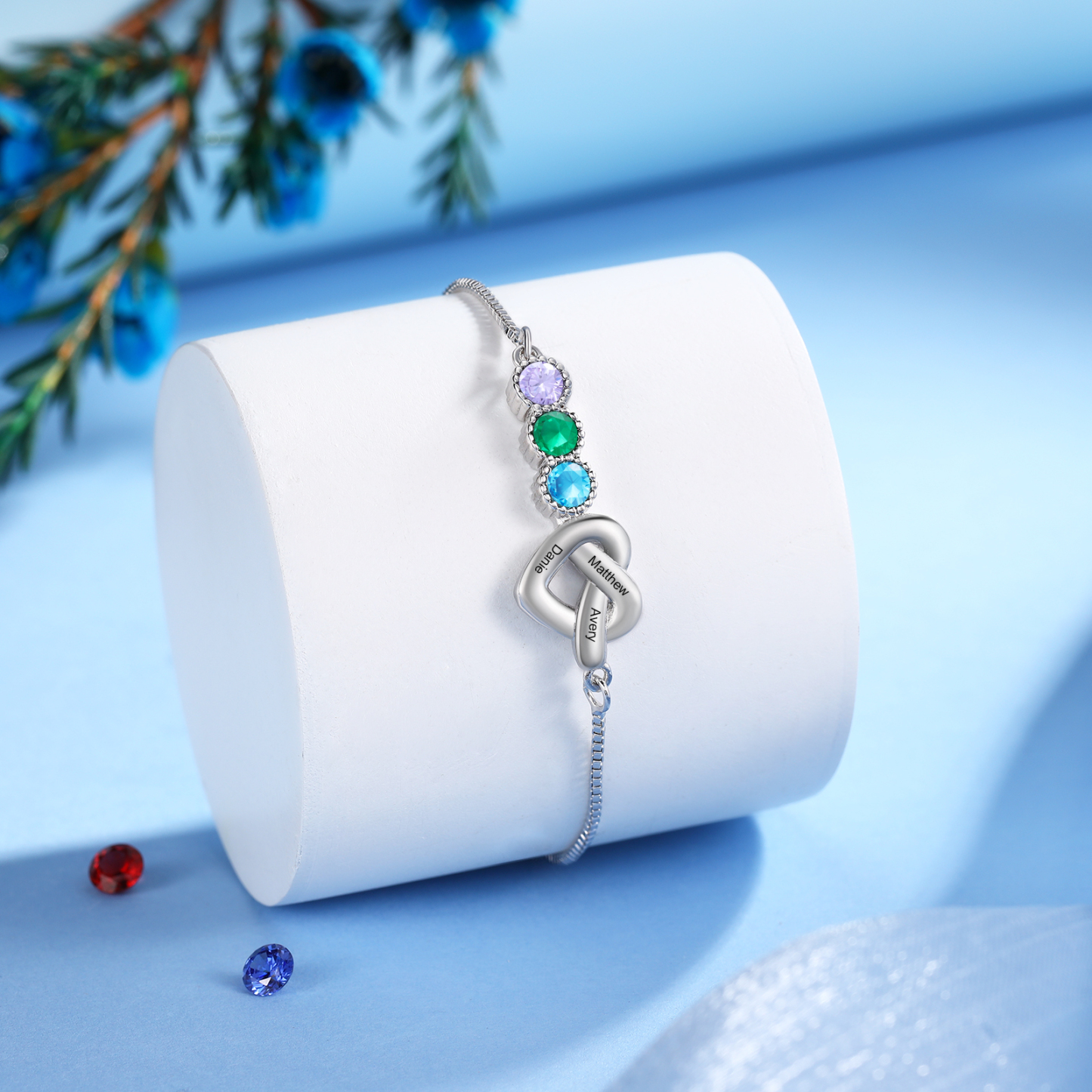 Personalized Birthstone Bracelet – Heart Knot Design, Custom 3 Names & 3 Birthstones Gift for Mother’s Day | Lorajewel