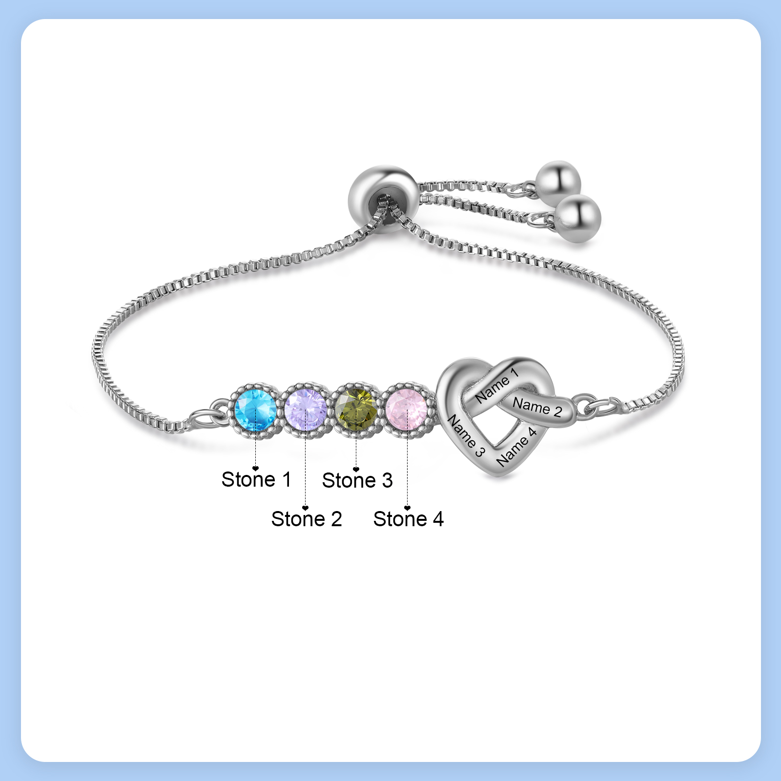 Personalized Birthstone Bracelet – Heart Knot Design, Custom 4 Names & 4 Birthstones Gift for Mother’s Day | Lorajewel