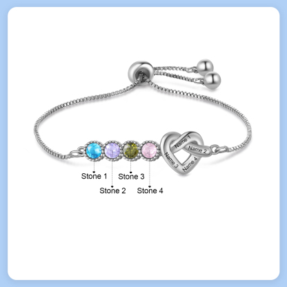 Personalized Birthstone Bracelet – Heart Knot Design, Custom 4 Names & 4 Birthstones Gift for Mother’s Day | Lorajewel
