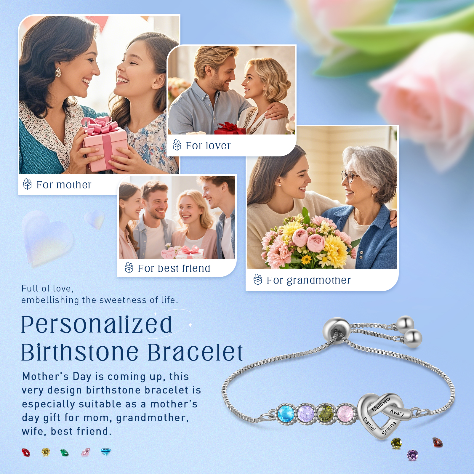 Personalized Birthstone Bracelet – Heart Knot Design, Custom 4 Names & 4 Birthstones Gift for Mother’s Day | Lorajewel