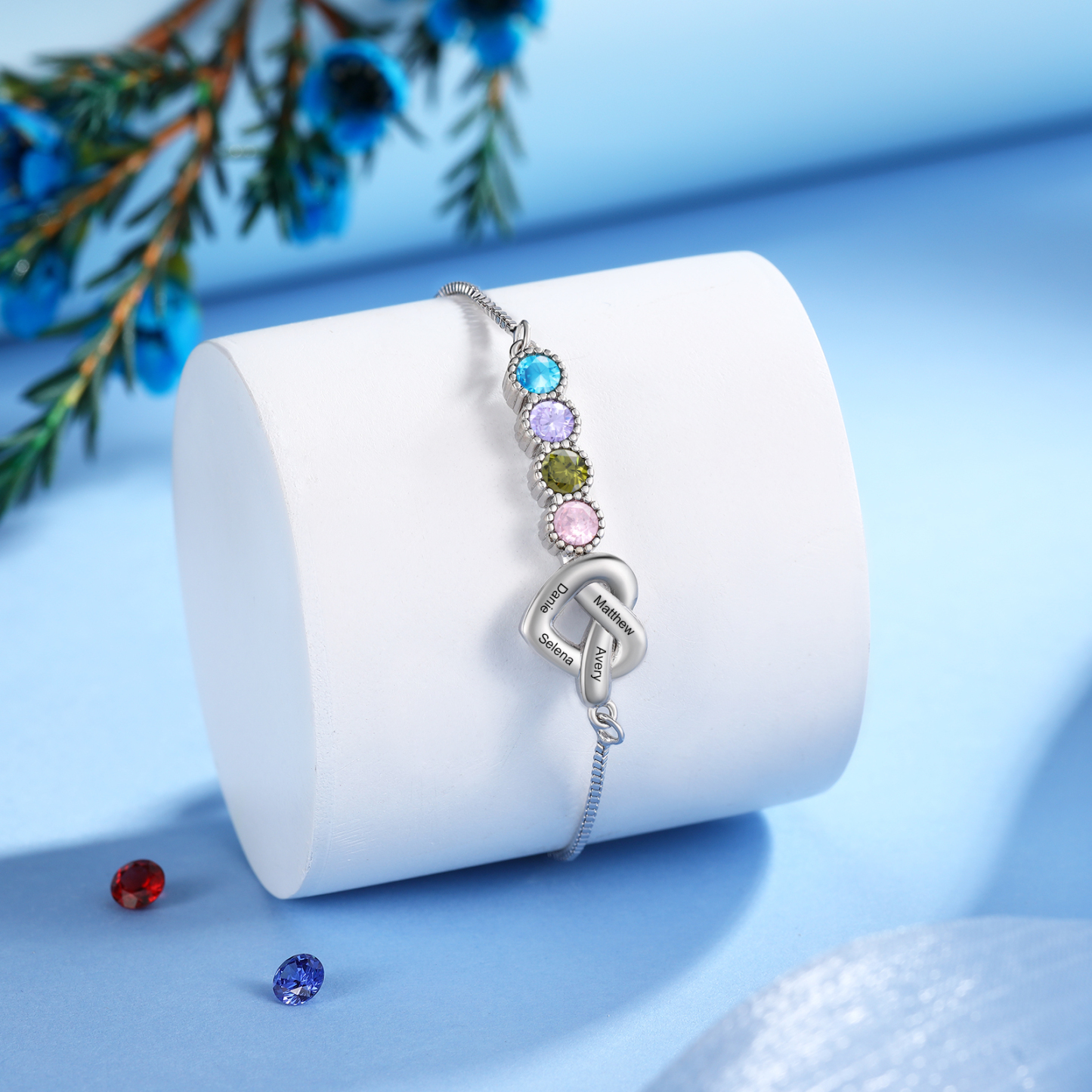 Personalized Birthstone Bracelet – Heart Knot Design, Custom 4 Names & 4 Birthstones Gift for Mother’s Day | Lorajewel
