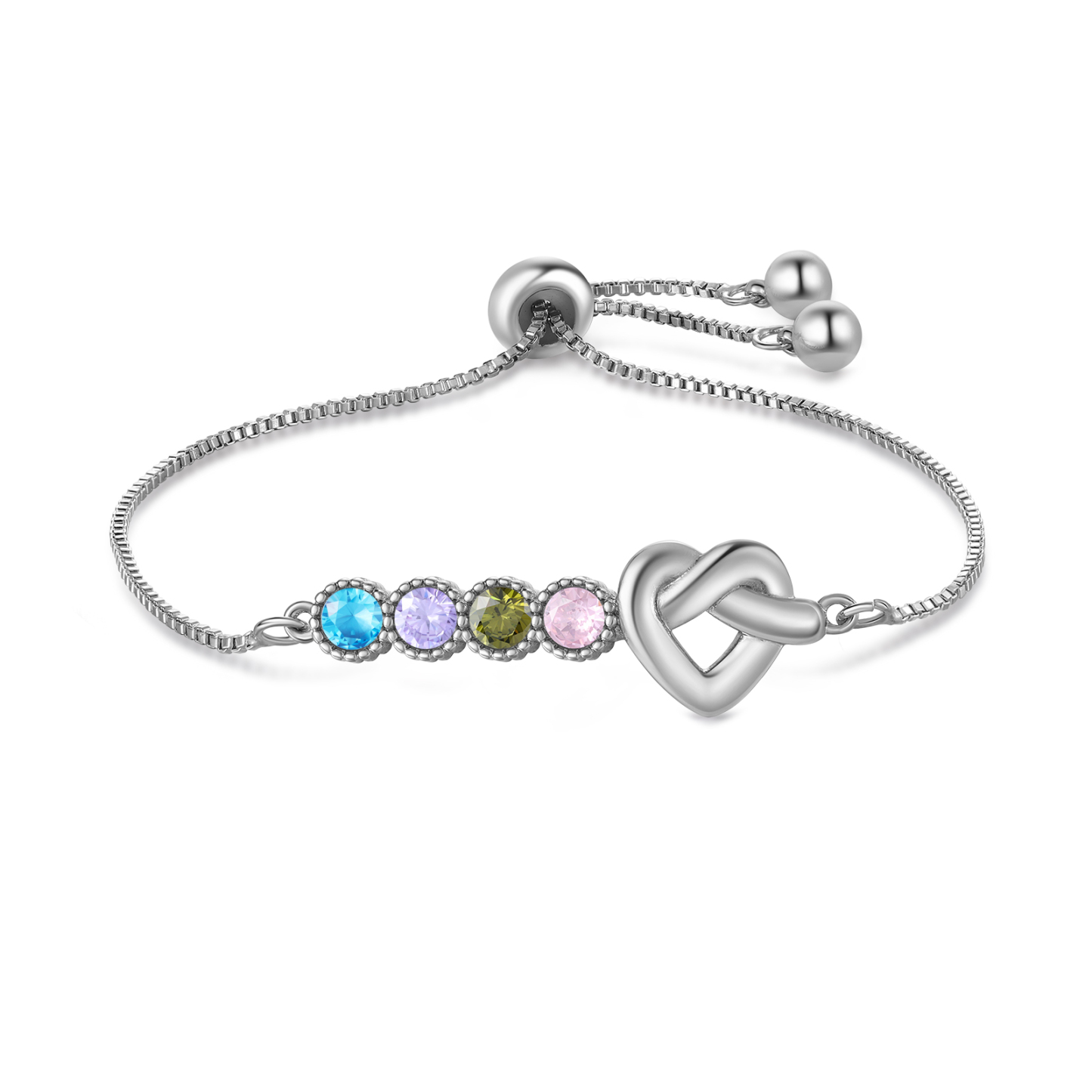 Personalized Birthstone Bracelet – Heart Knot Design, Custom 4 Names & 4 Birthstones Gift for Mother’s Day | Lorajewel