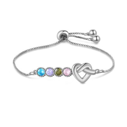 Personalized Birthstone Bracelet – Heart Knot Design, Custom 4 Names & 4 Birthstones Gift for Mother’s Day | Lorajewel