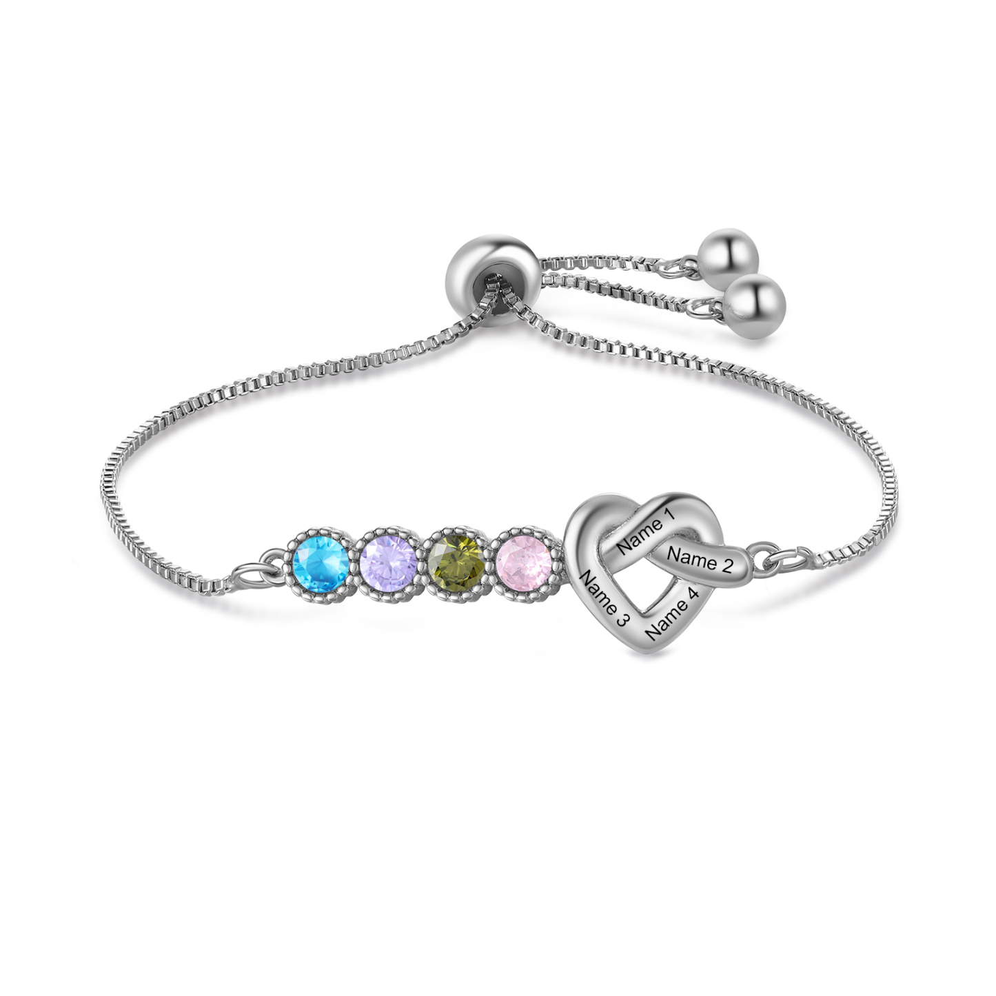 Personalized Birthstone Bracelet – Heart Knot Design, Custom 4 Names & 4 Birthstones Gift for Mother’s Day | Lorajewel