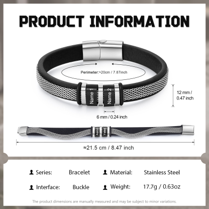 2 Names Custom Engraved Name Bracelet for Men – Stainless Steel & Leather Wristband with Personalized Beads | Lorajewel