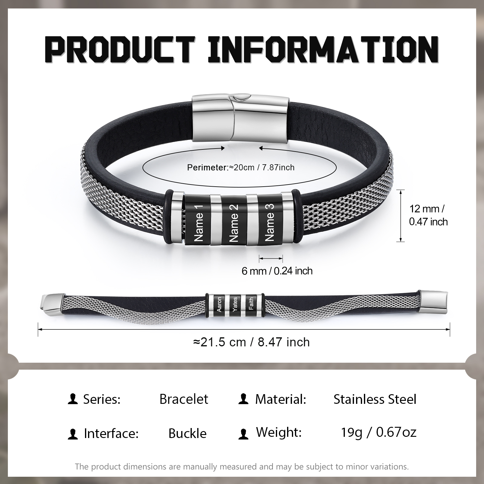3 Names Custom Engraved Name Bracelet for Men – Stainless Steel & Leather Wristband with Personalized Beads | Lorajewel