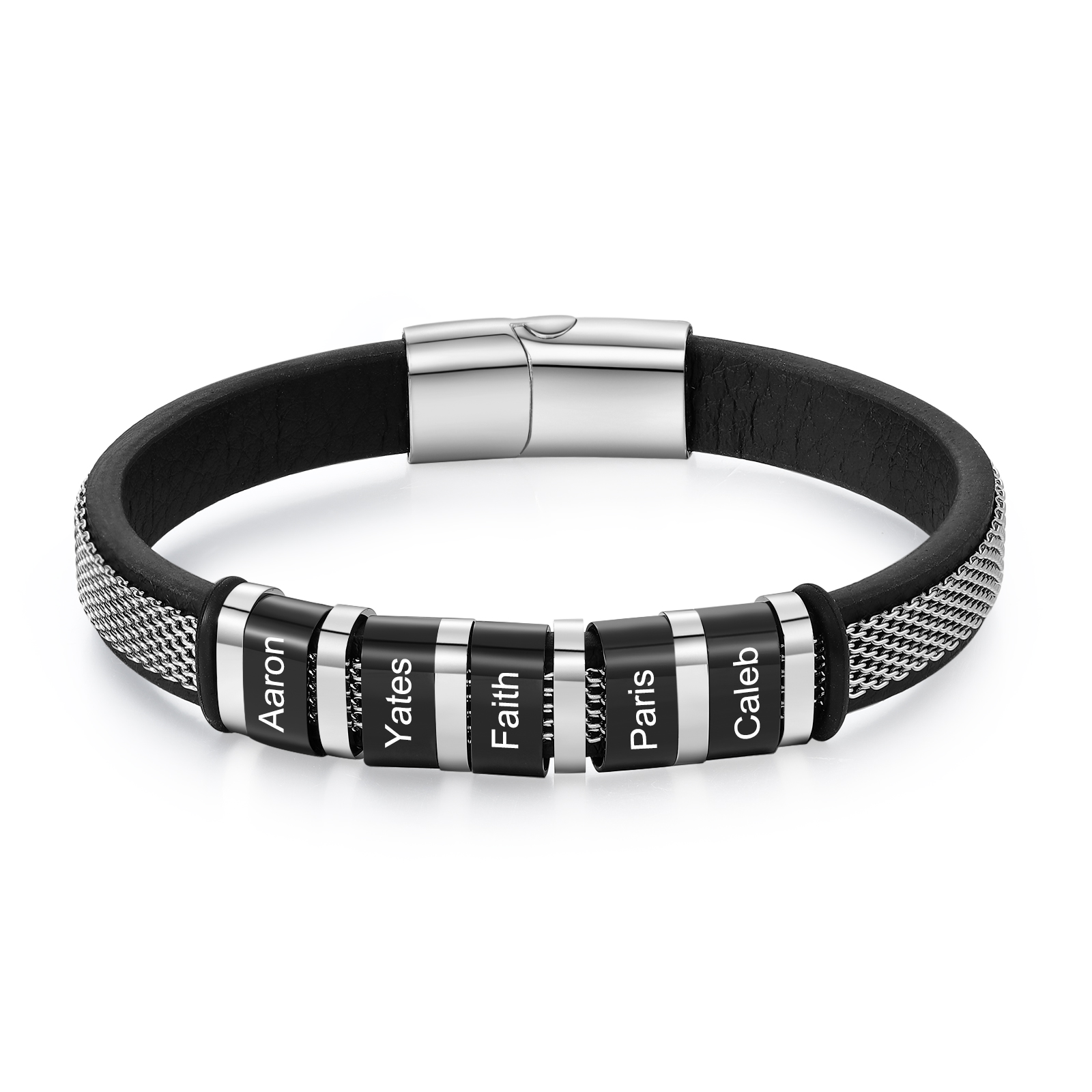 5 Names Custom Engraved Name Bracelet for Men – Stainless Steel & Leather Wristband with Personalized Beads | Lorajewel