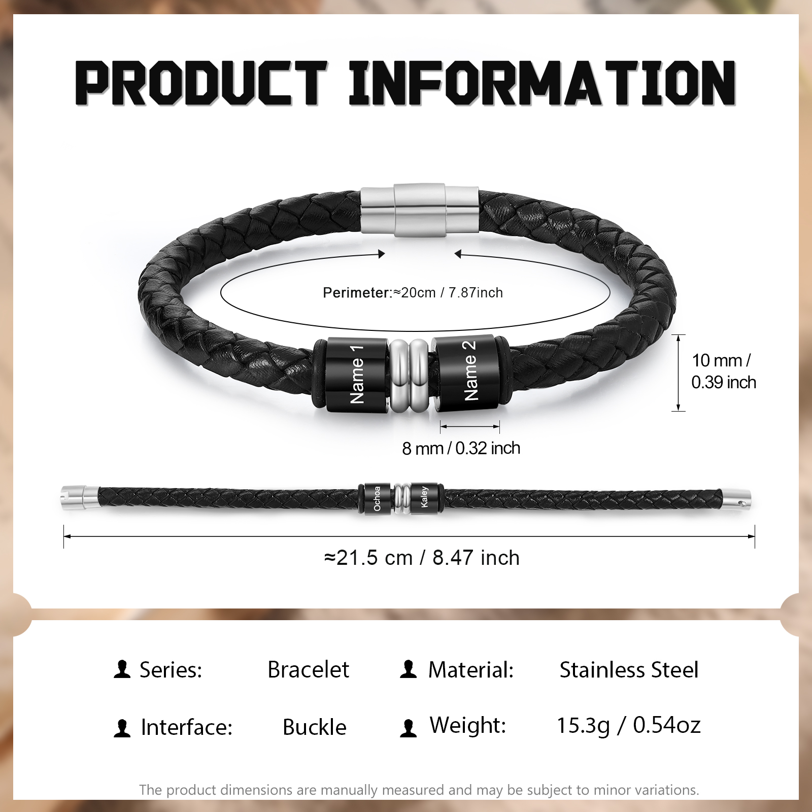 2 Names Custom Engraved Name Bracelet for Men – Leather Wristband with Personalized Beads for Him | Lorajewel