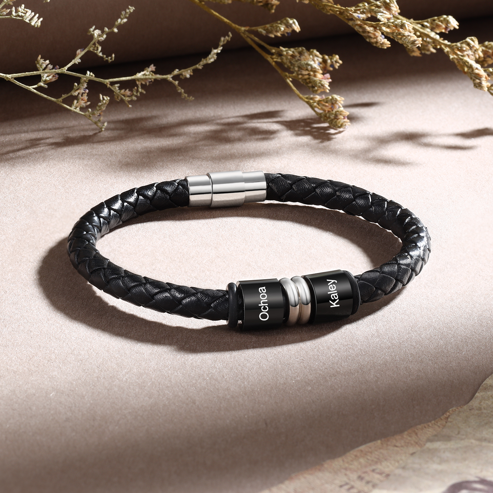 2 Names Custom Engraved Name Bracelet for Men – Leather Wristband with Personalized Beads for Him | Lorajewel