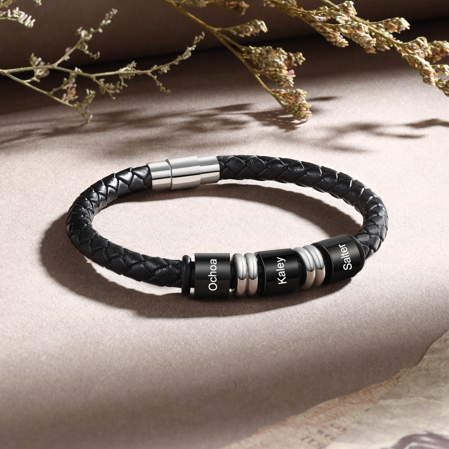 3 Names Custom Engraved Name Bracelet for Men – Leather Wristband with Personalized Beads for Him | Lorajewel