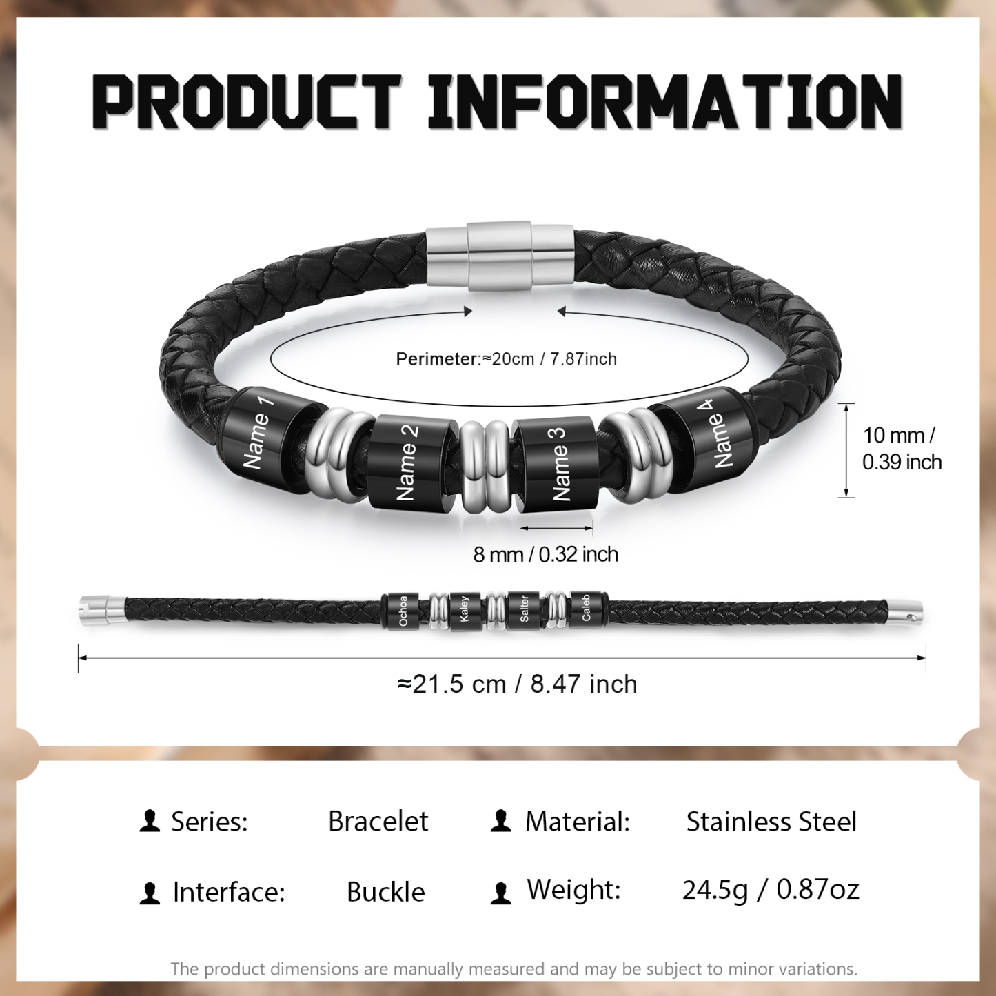 4 Names Custom Engraved Name Bracelet for Men – Leather Wristband with Personalized Beads for Him | Lorajewel
