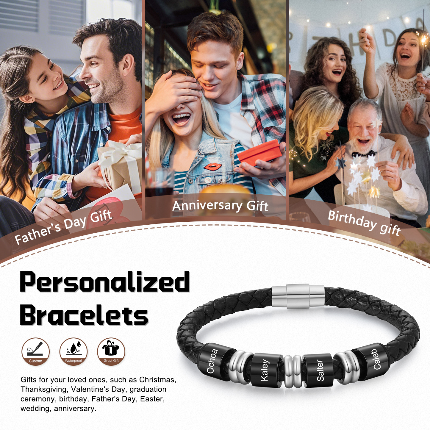 4 Names Custom Engraved Name Bracelet for Men – Leather Wristband with Personalized Beads for Him | Lorajewel