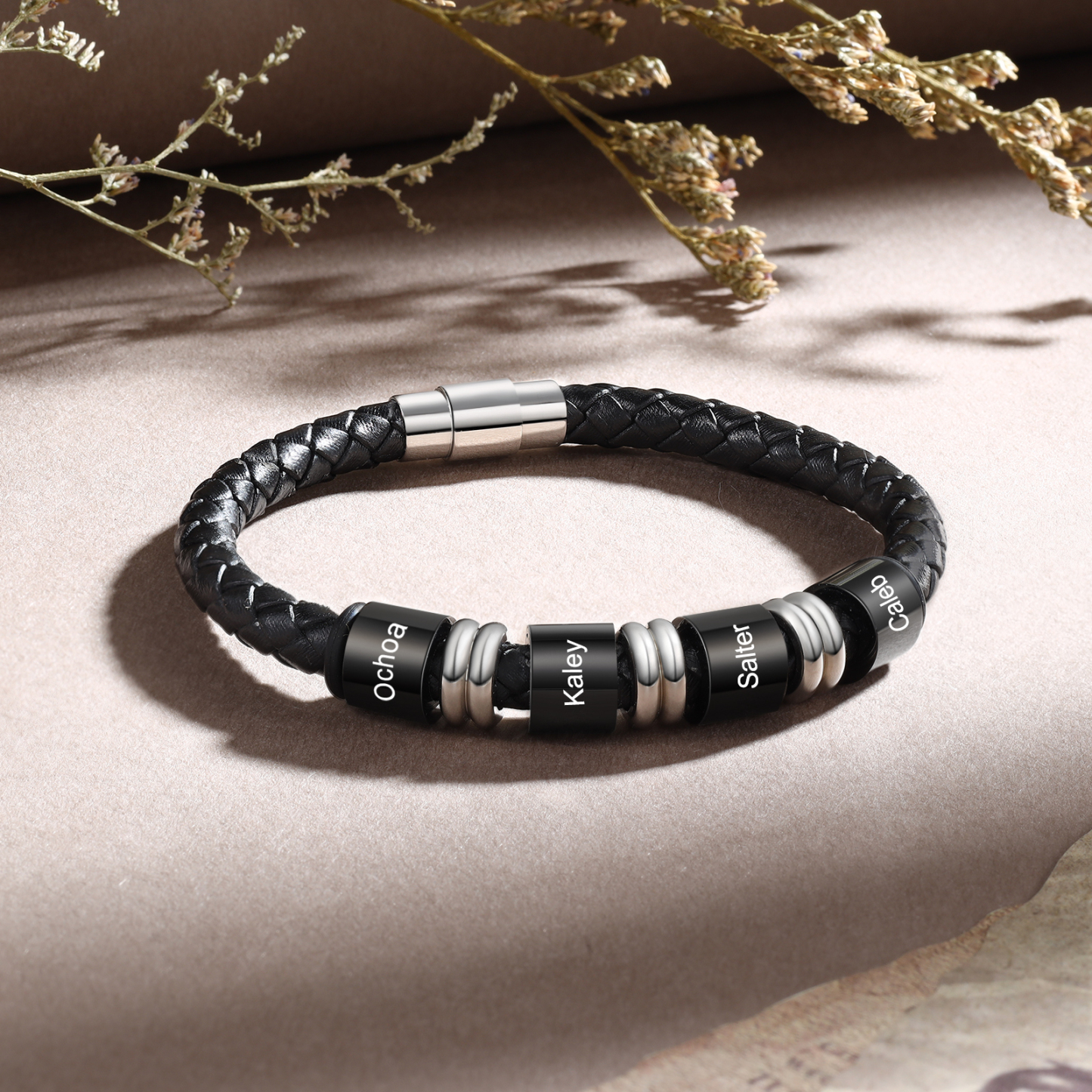 4 Names Custom Engraved Name Bracelet for Men – Leather Wristband with Personalized Beads for Him | Lorajewel