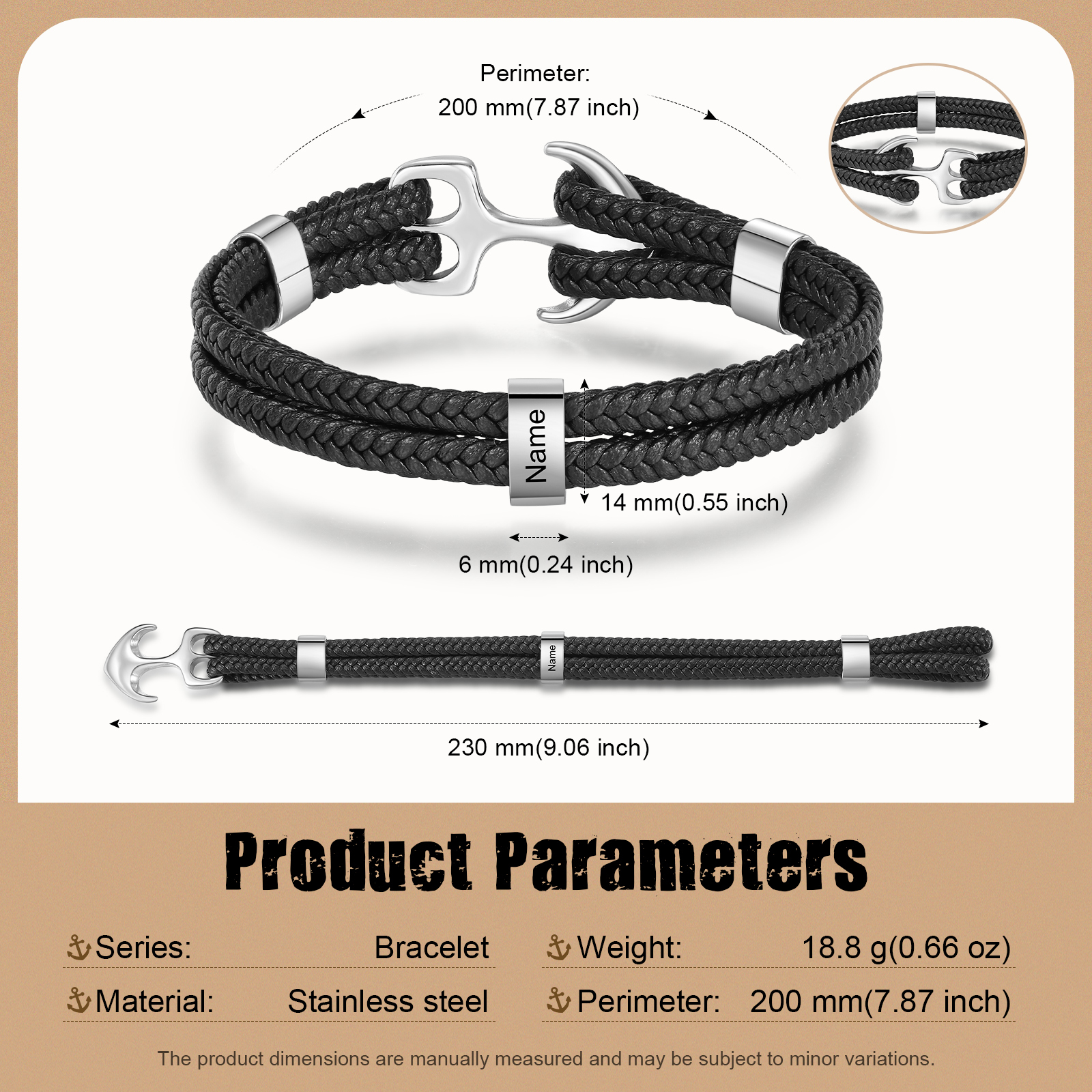 1 Name Personalized Rope Bracelet for Men – Custom Engraved Stainless Steel Anchor Clasp | Lorajewel