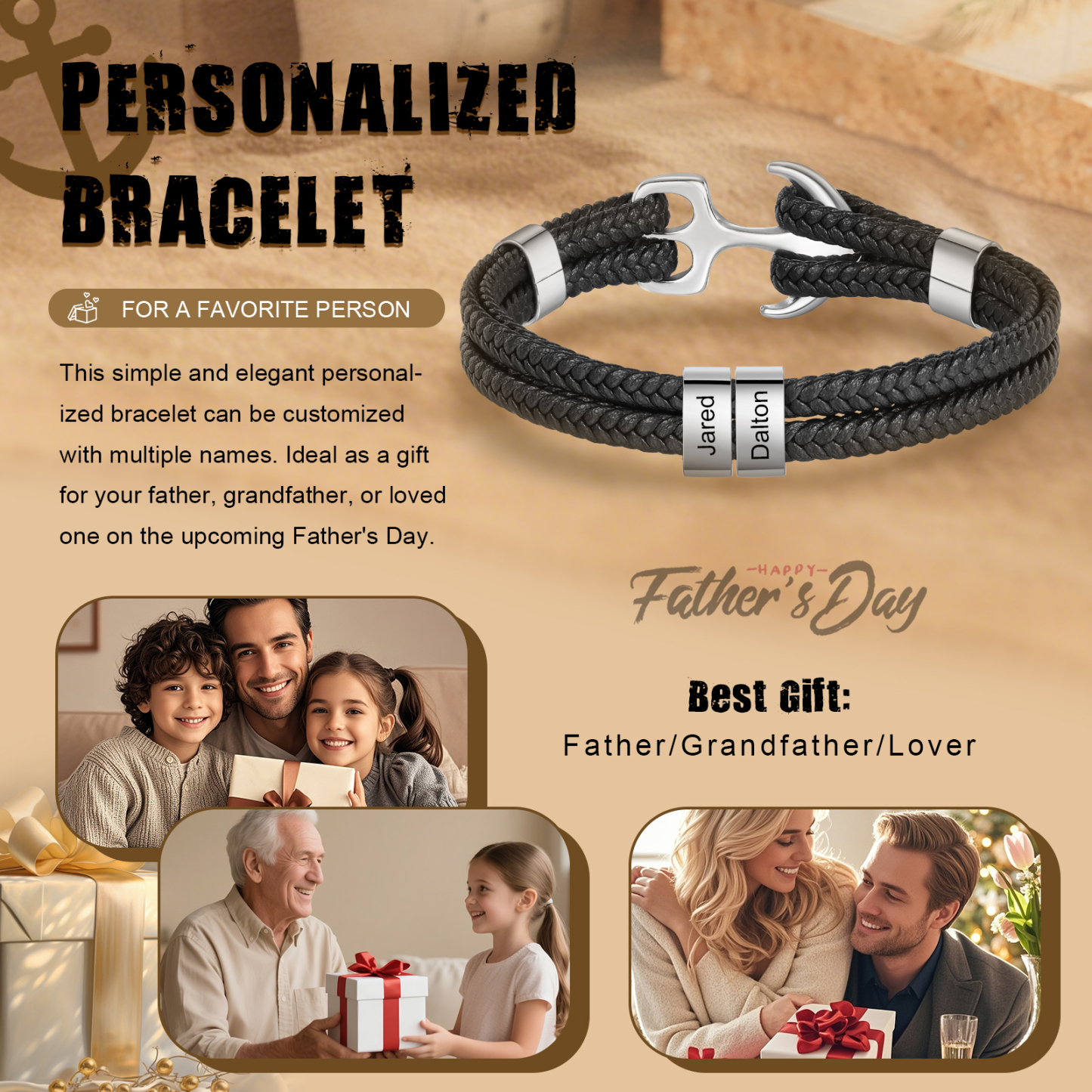 2 Names Personalized Rope Bracelet for Men – Custom Engraved Stainless Steel Anchor Clasp | Lorajewel