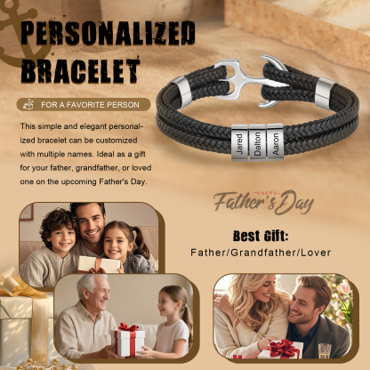 3 Names Personalized Rope Bracelet for Men – Custom Engraved Stainless Steel Anchor Clasp | Lorajewel