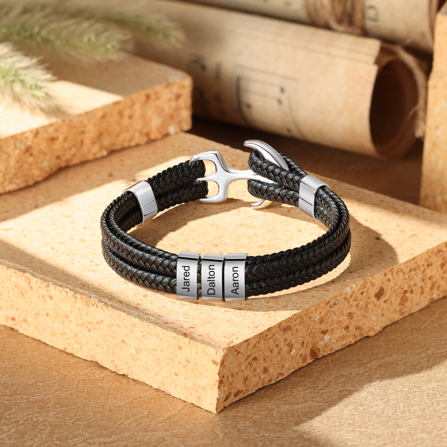 3 Names Personalized Rope Bracelet for Men – Custom Engraved Stainless Steel Anchor Clasp | Lorajewel