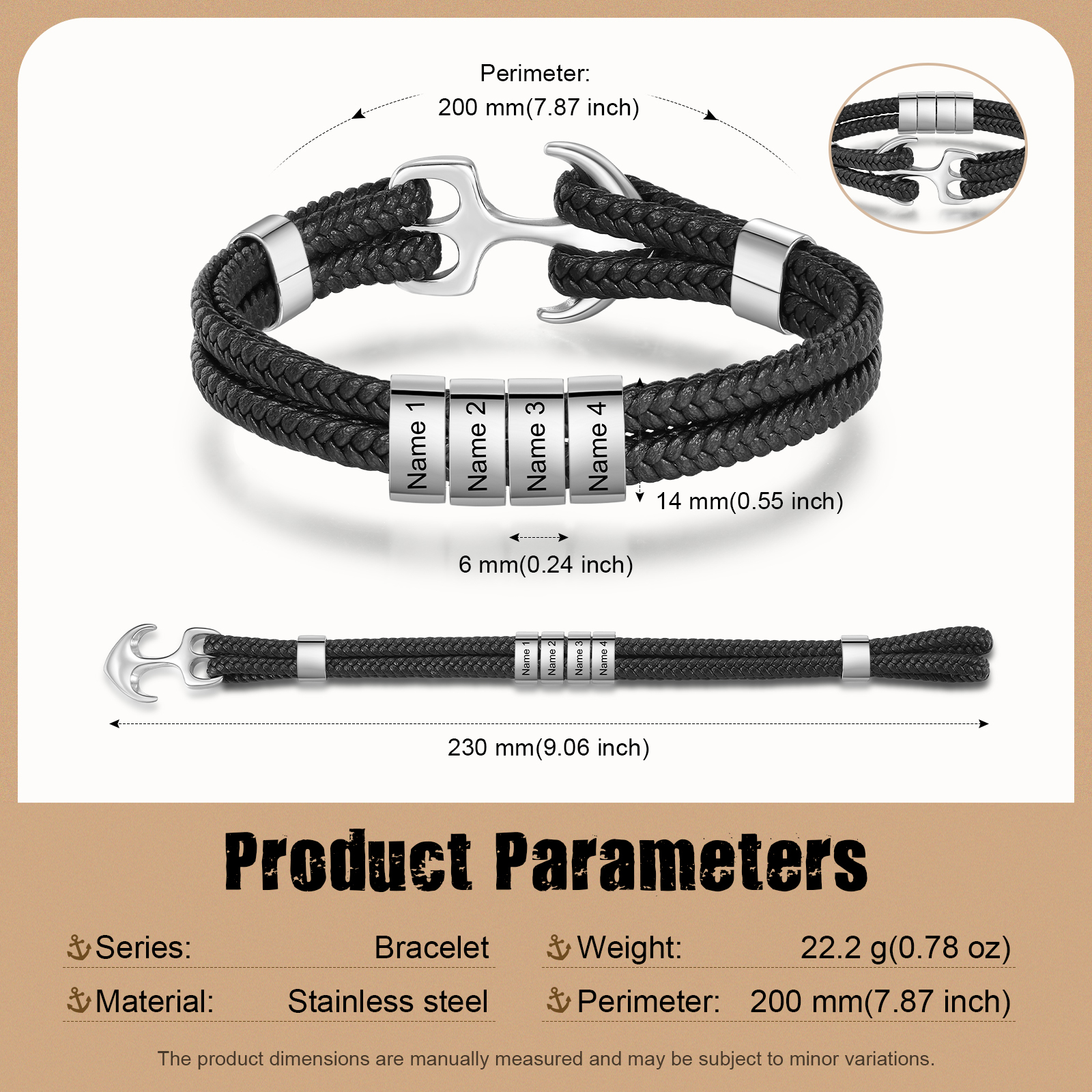 4 Names Personalized Rope Bracelet for Men – Custom Engraved Stainless Steel Anchor Clasp | Lorajewel
