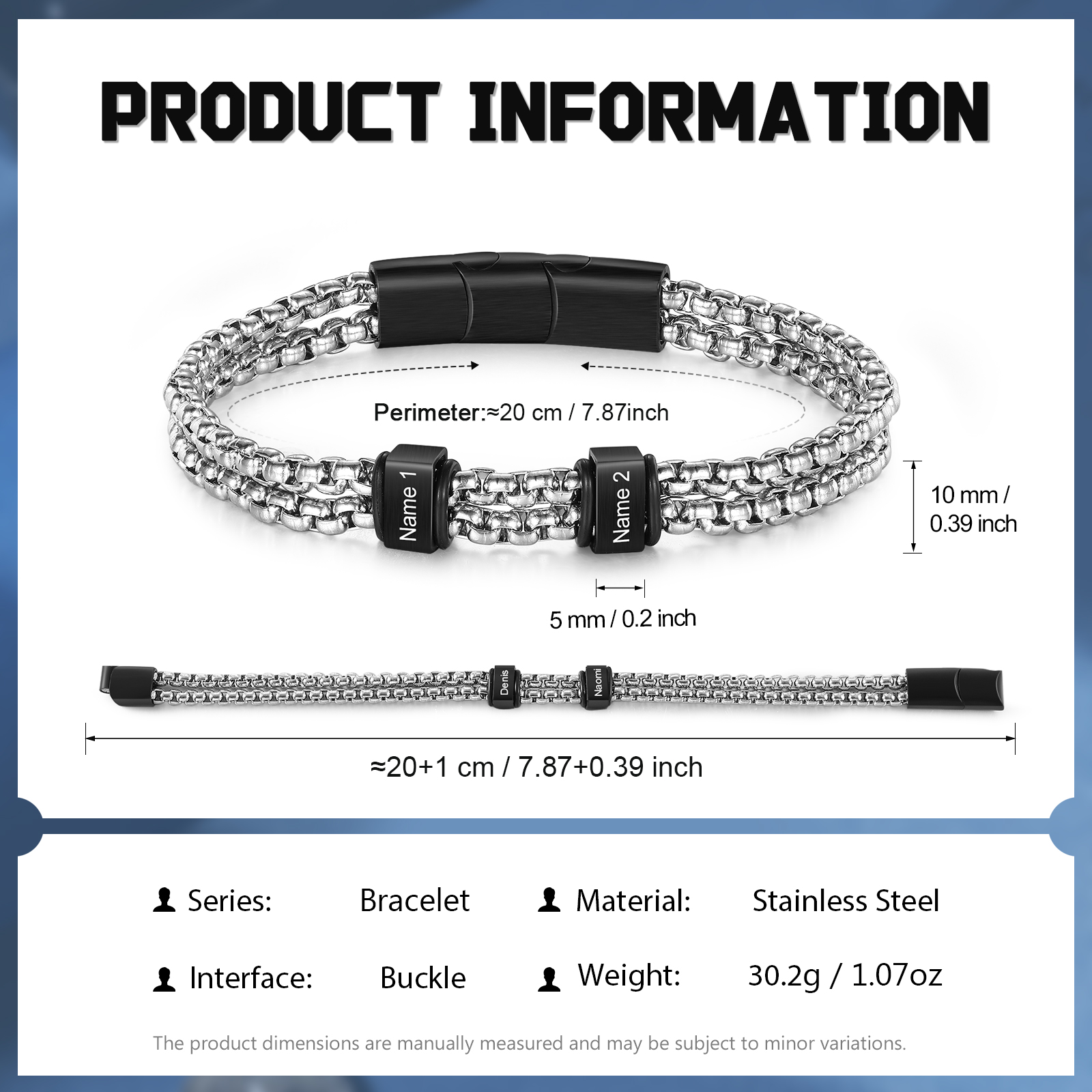 Personalized Men Stainless Steel Bracelet with 2 Names - Custom Gift for Him | Lorajewel