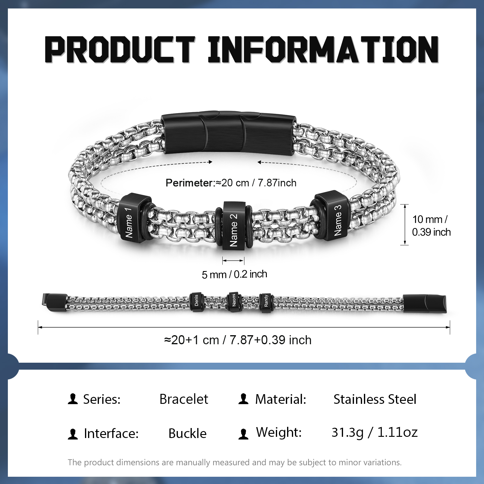 Personalized Men Stainless Steel Bracelet with 3 Names - Custom Gift for Him | Lorajewel