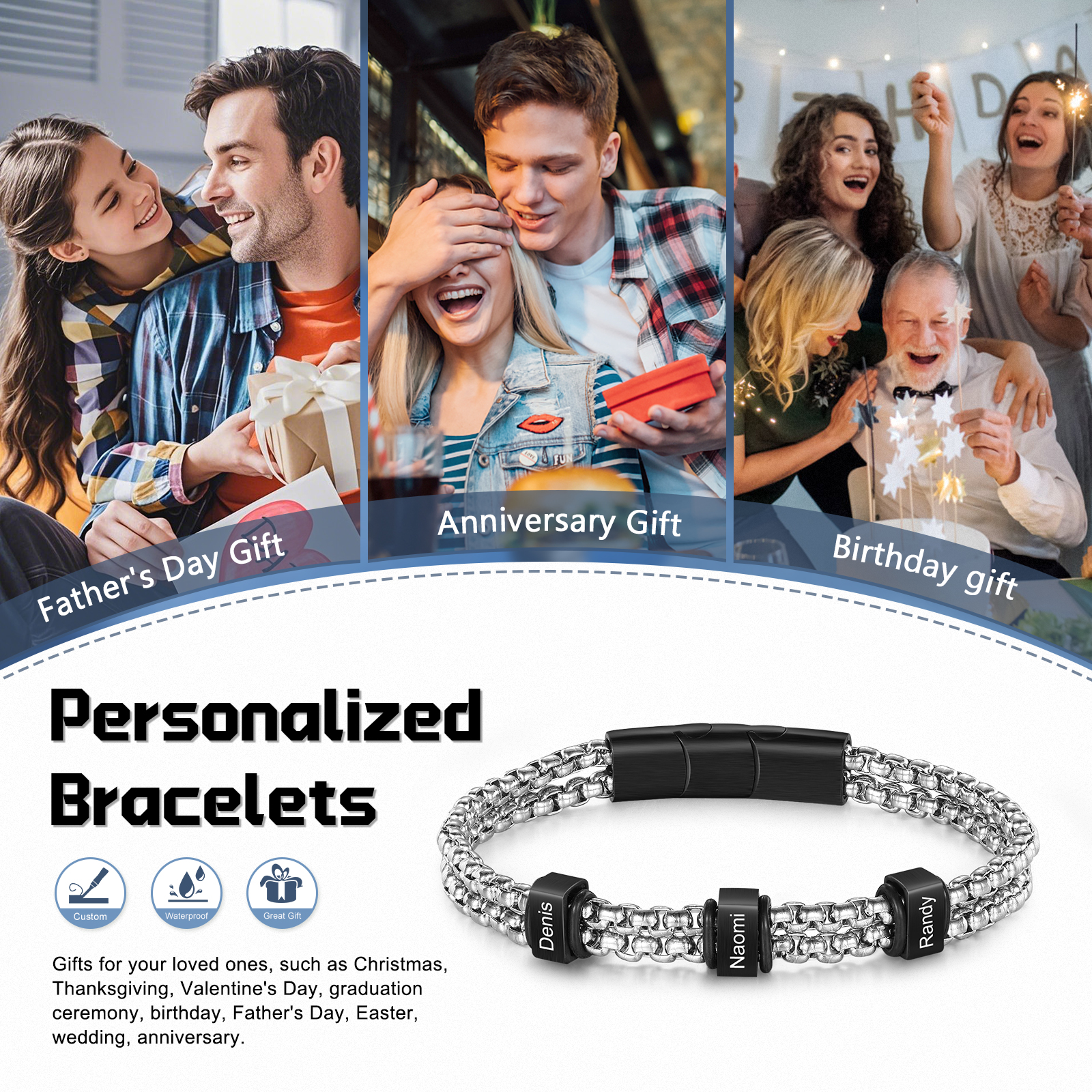 Personalized Men Stainless Steel Bracelet with 3 Names - Custom Gift for Him | Lorajewel