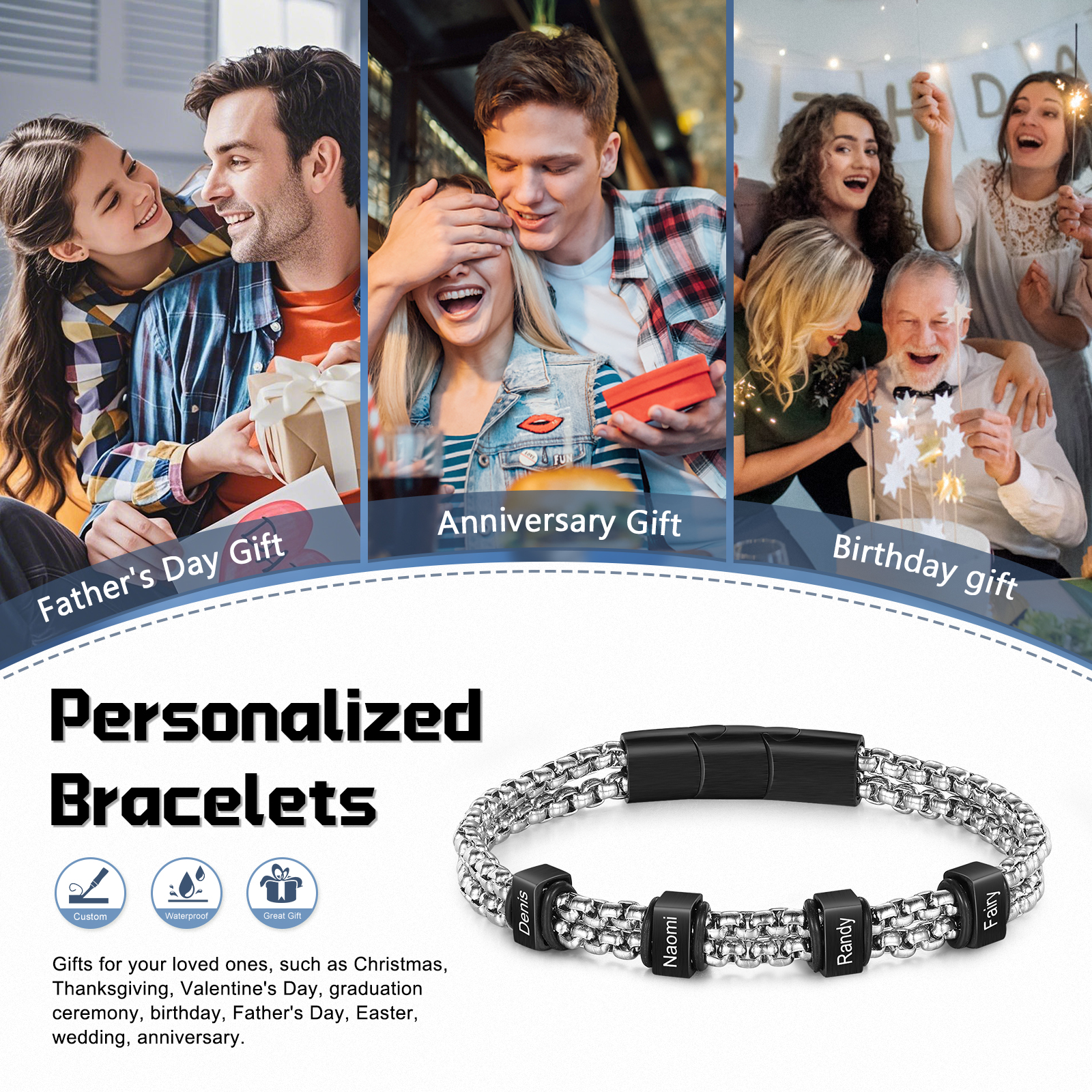 Personalized Men Stainless Steel Bracelet with 4 Names - Custom Gift for Him | Lorajewel