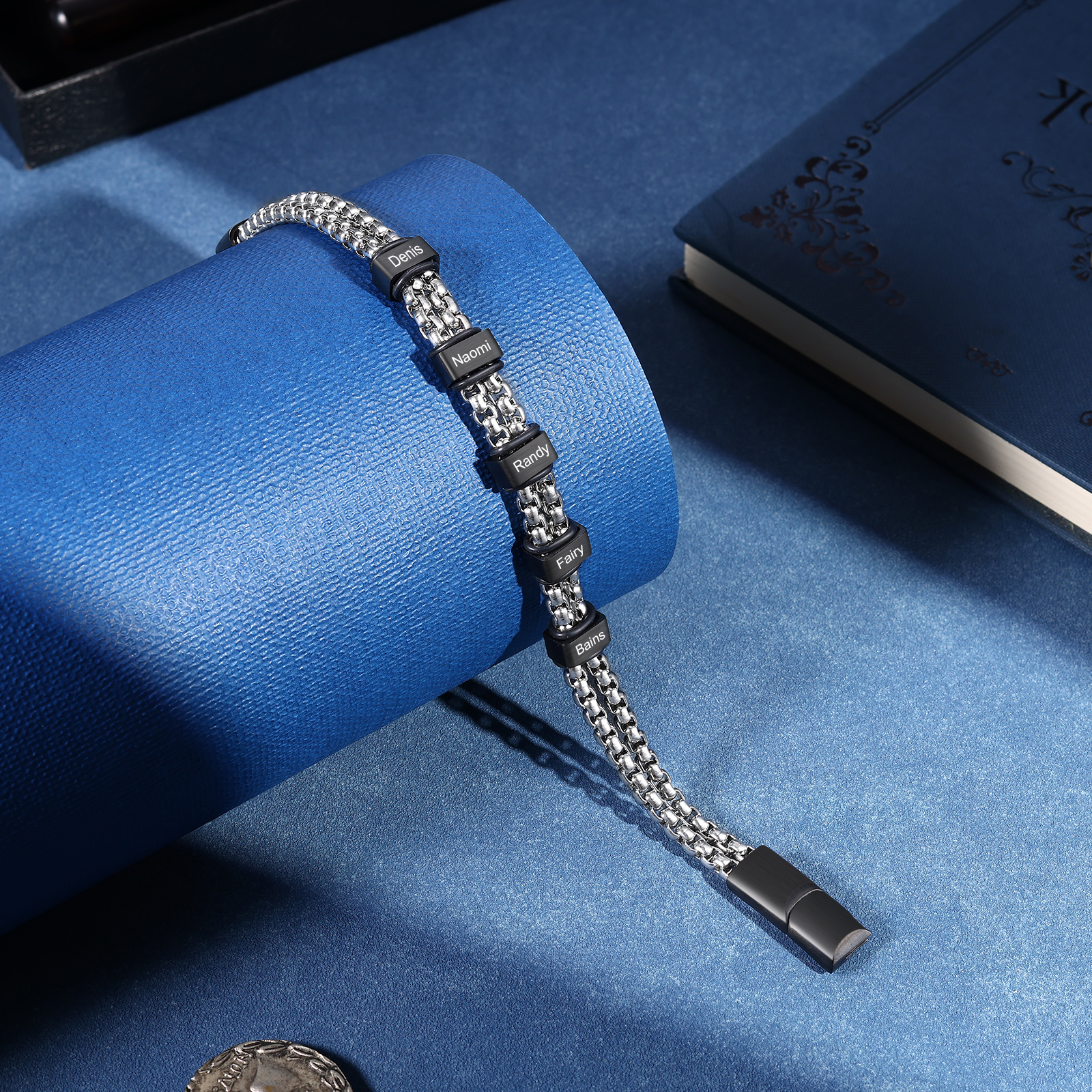 Personalized Men Stainless Steel Bracelet with 5 Names - Custom Gift for Him | Lorajewel