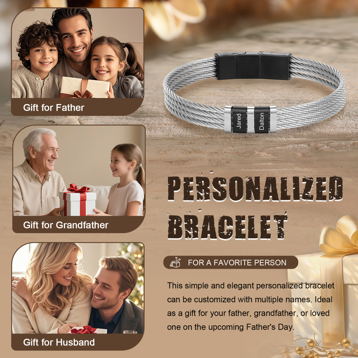 Personalized Stainless Steel Cable Bracelet with 2 Names - Custom Gift for Him | Lorajewel