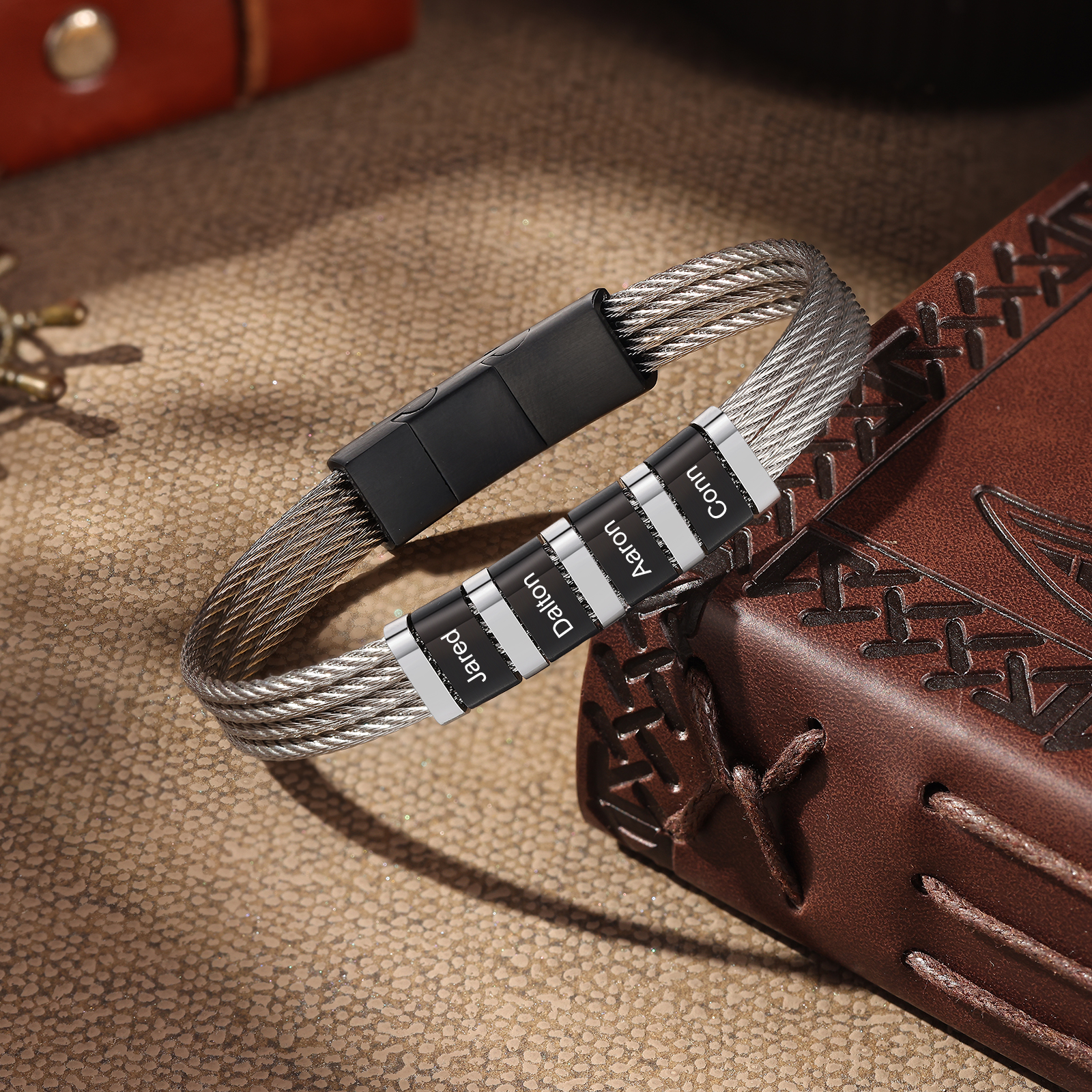 Personalized Stainless Steel Cable Bracelet with 4 Names - Custom Gift for Him | Lorajewel