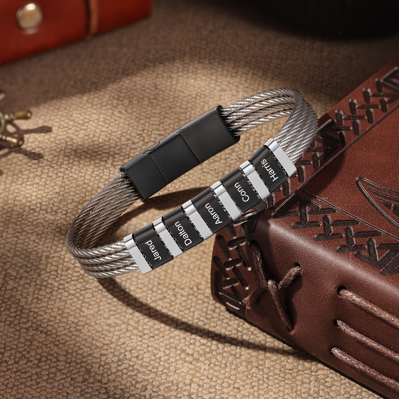 Personalized Stainless Steel Cable Bracelet with 5 Names - Custom Gift for Him | Lorajewel