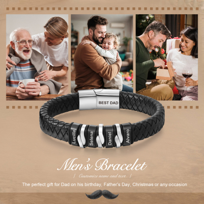 Personalized Leather Men’s Bracelet – Custom Father’s Day 4 Names & 1 Text Keepsake by Lorajewel