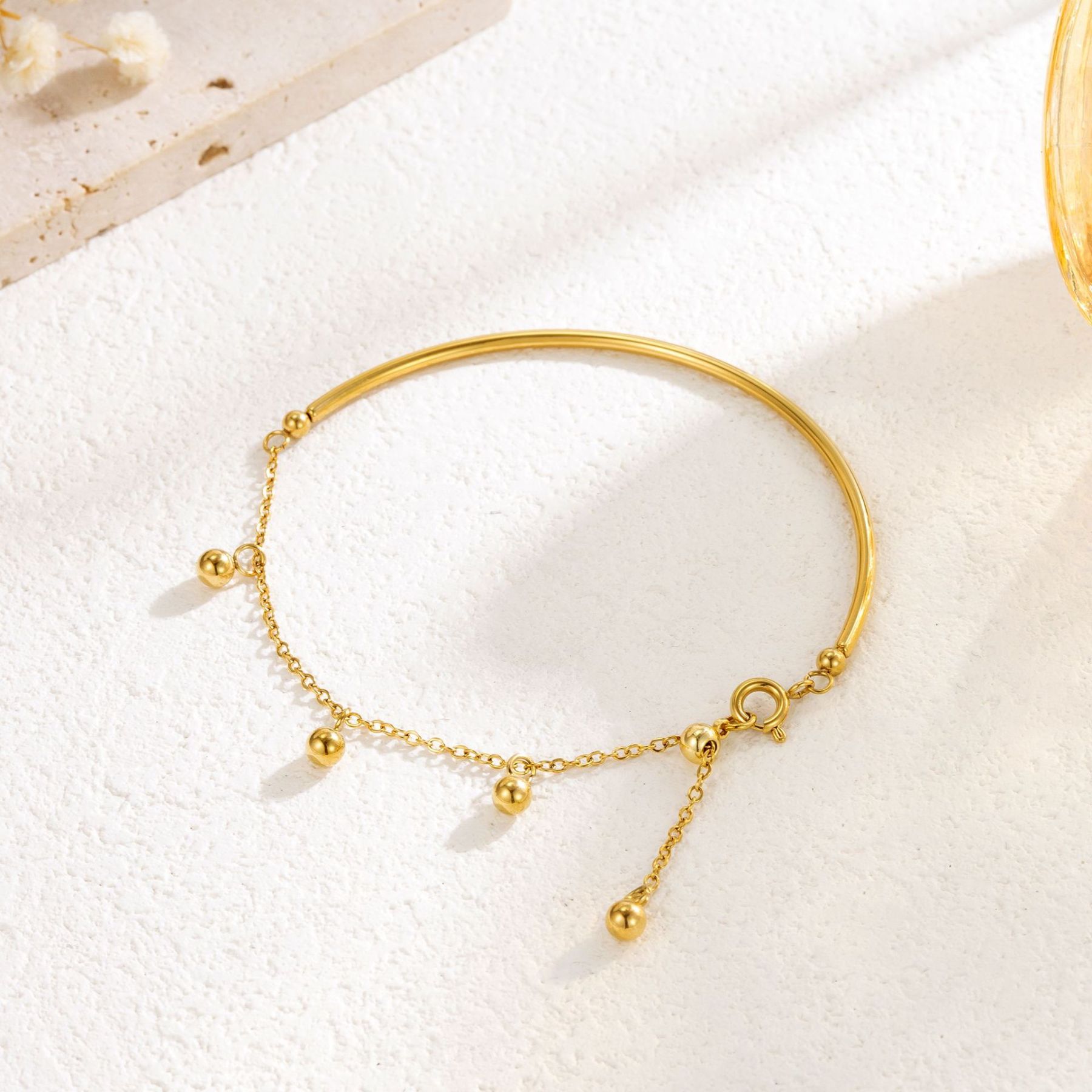 Gold Bangle Bracelet with Dangling Beads – Minimalist Adjustable Chain