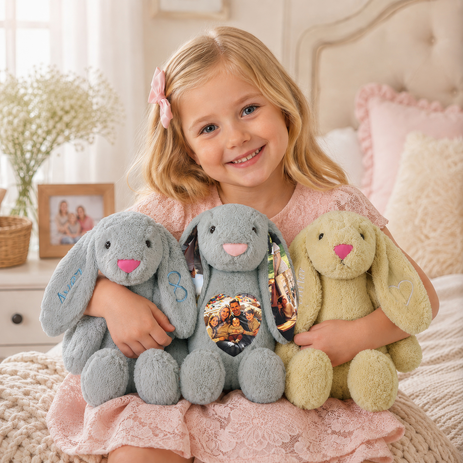 Personalized Plush Bunny with Embroidered Name and Custom Design, Gift for Children and Grandchildren