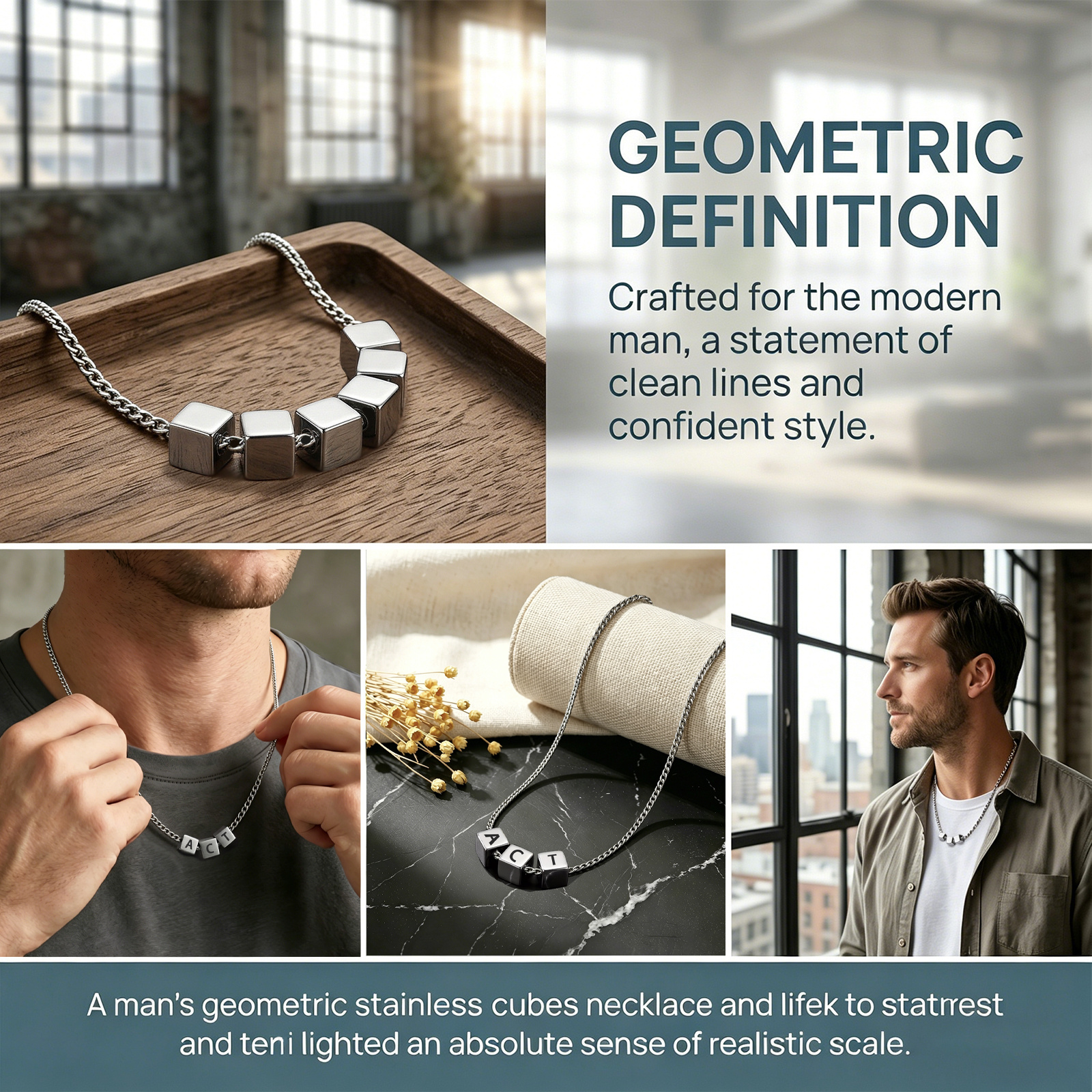 Personalized Stainless Steel Cube 1-6 Letters Necklace for Men