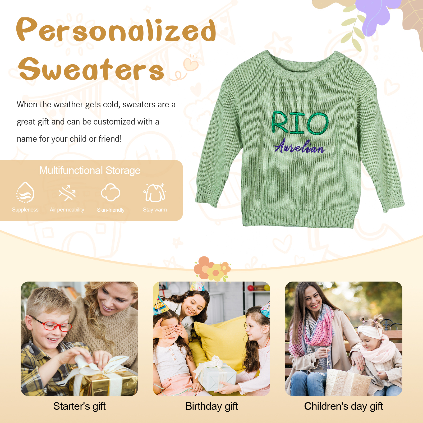 Personalized Kids Sweater Custom Knit Sweater with 1 Name Hand Embroidered Oversized Sweater Chunky Knit Name Jumper Newborn Baby Toddler Kids gift