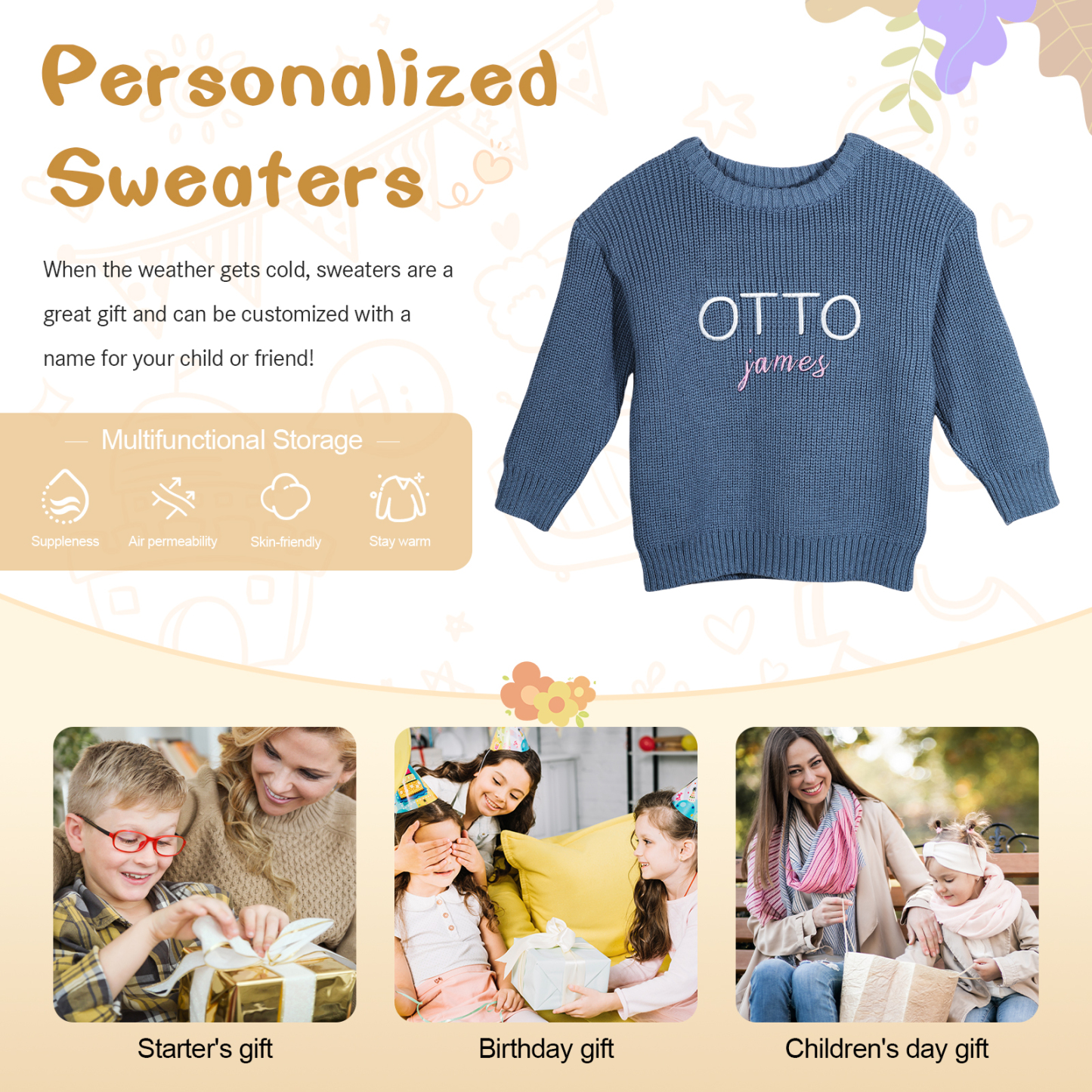 Personalized Kids Sweater Custom Knit Sweater with 1 Name Hand Embroidered Oversized Sweater Chunky Knit Name Jumper Newborn Baby Toddler Kids gift