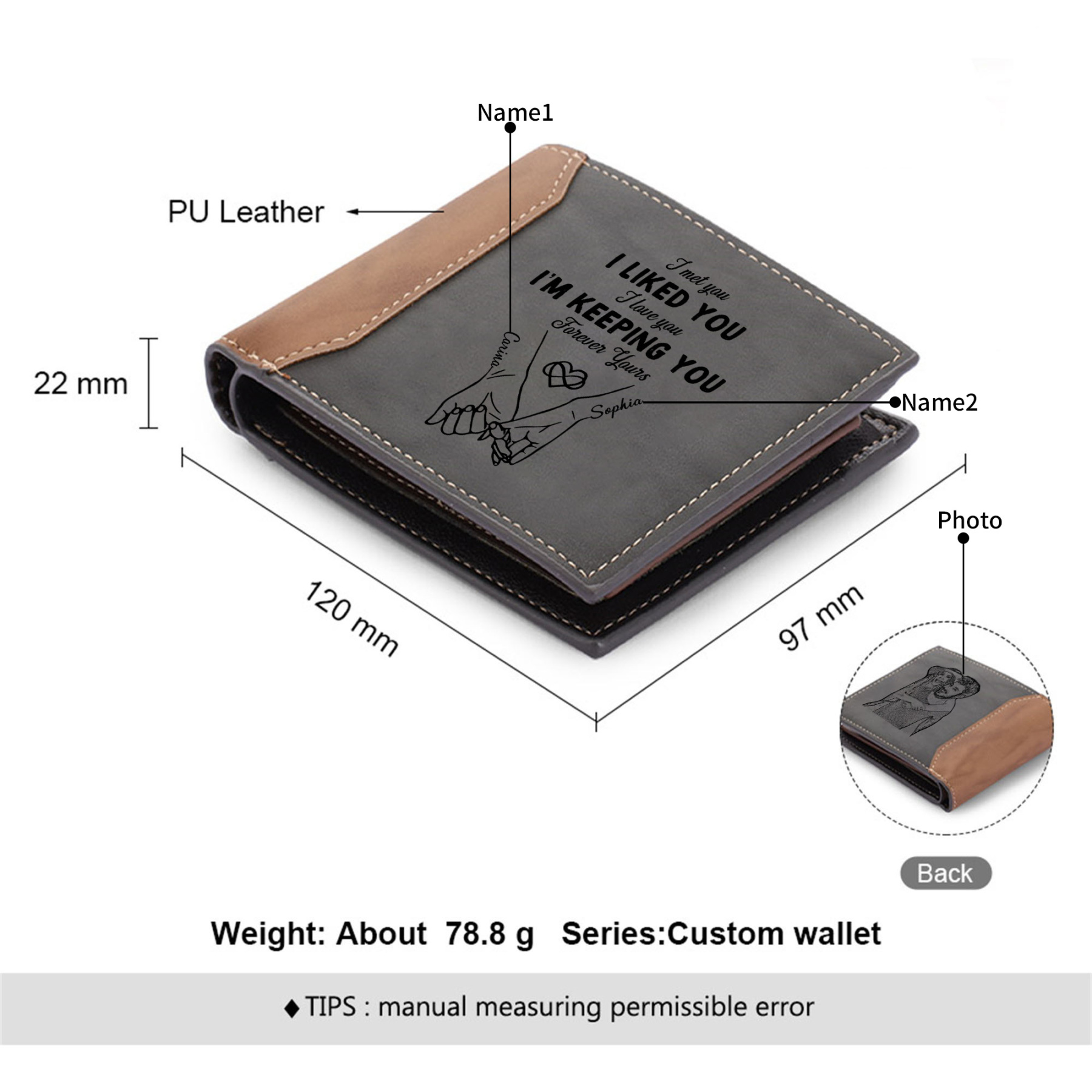 Personalised Photo Engraved PU Leather Couples Wallet for Men