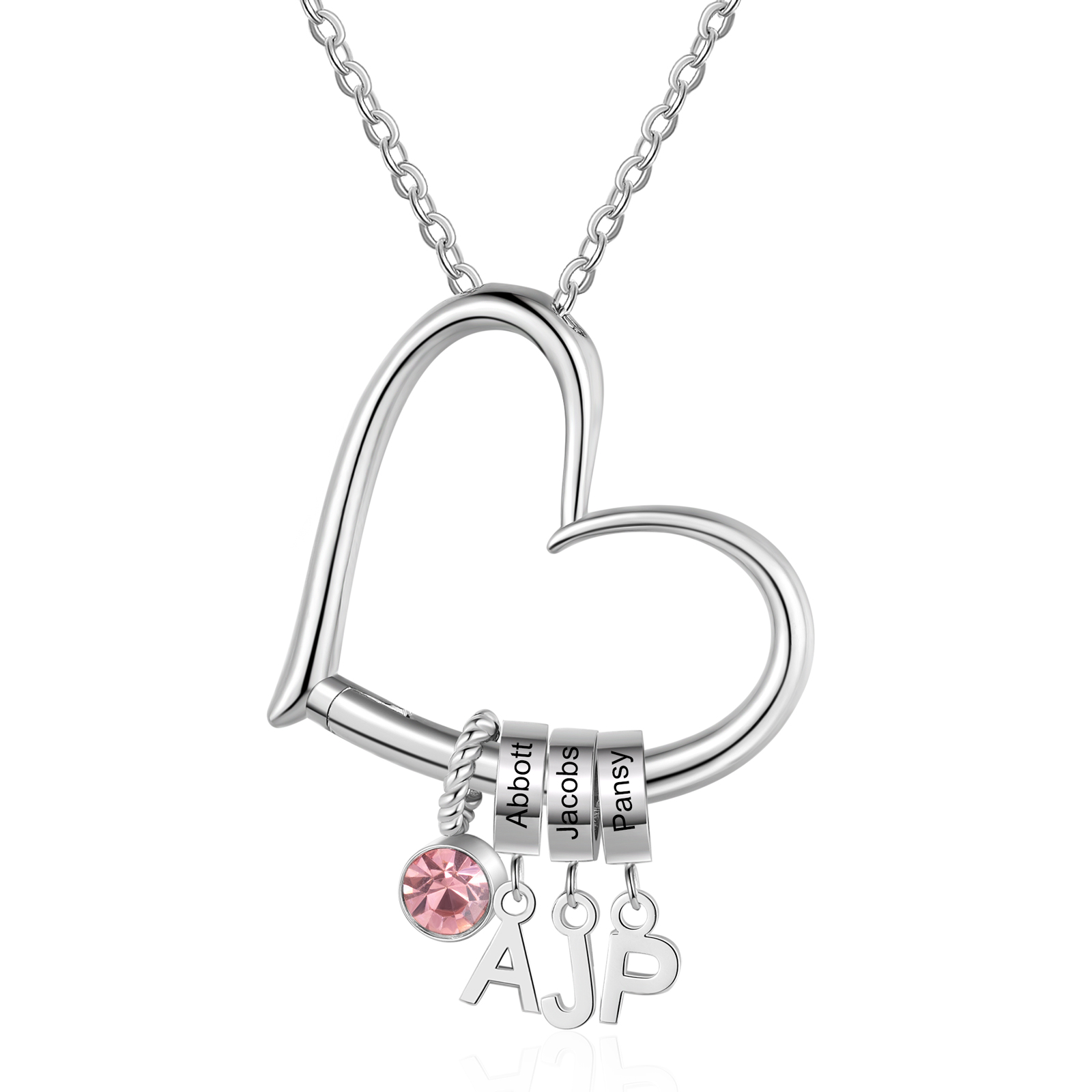 Custom Heart Necklace with 3 Names & 1 Birthstone – Family Personalized Necklace Gift for Women