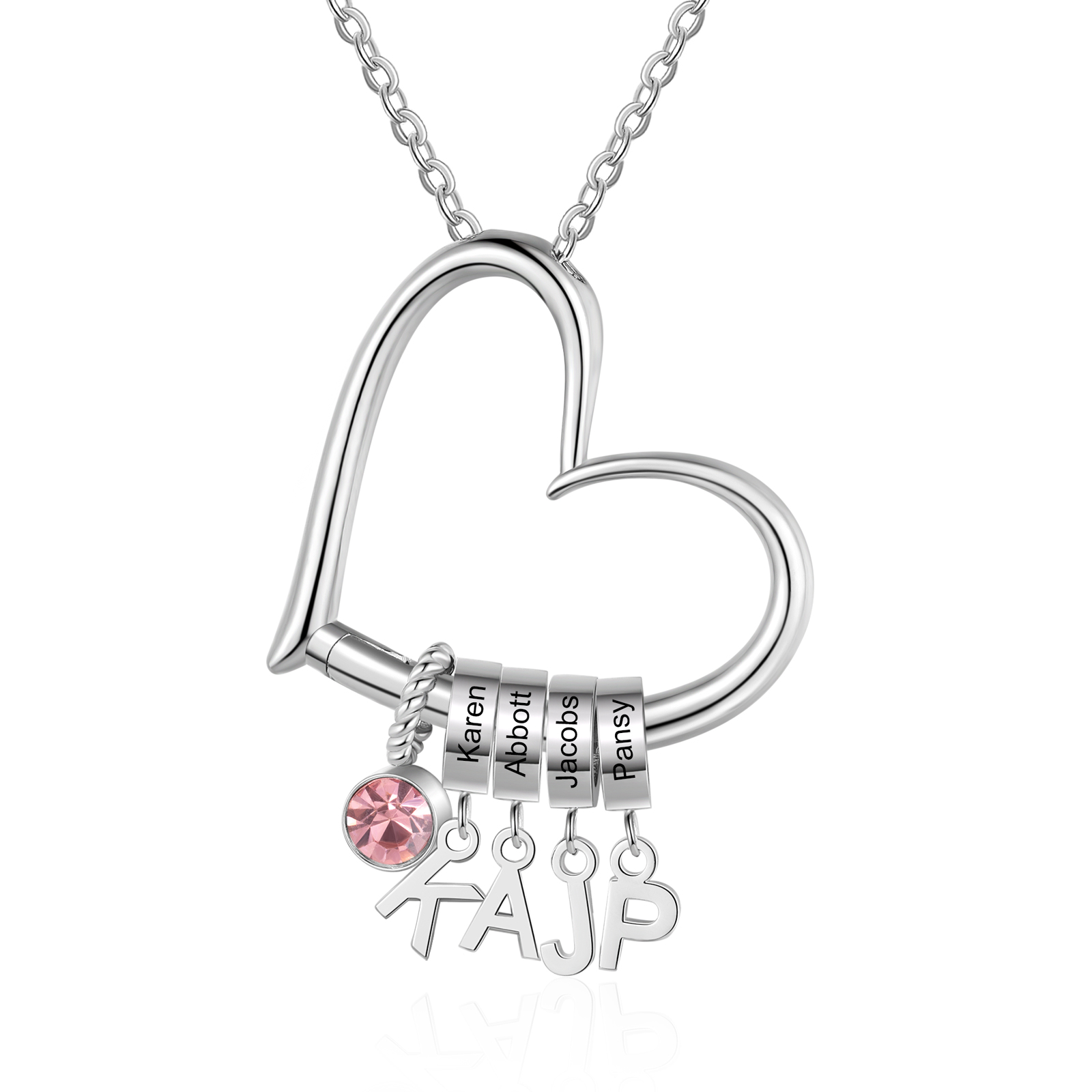 Custom Heart Necklace with 4 Names & 1 Birthstone – Family Personalized Necklace Gift for Women